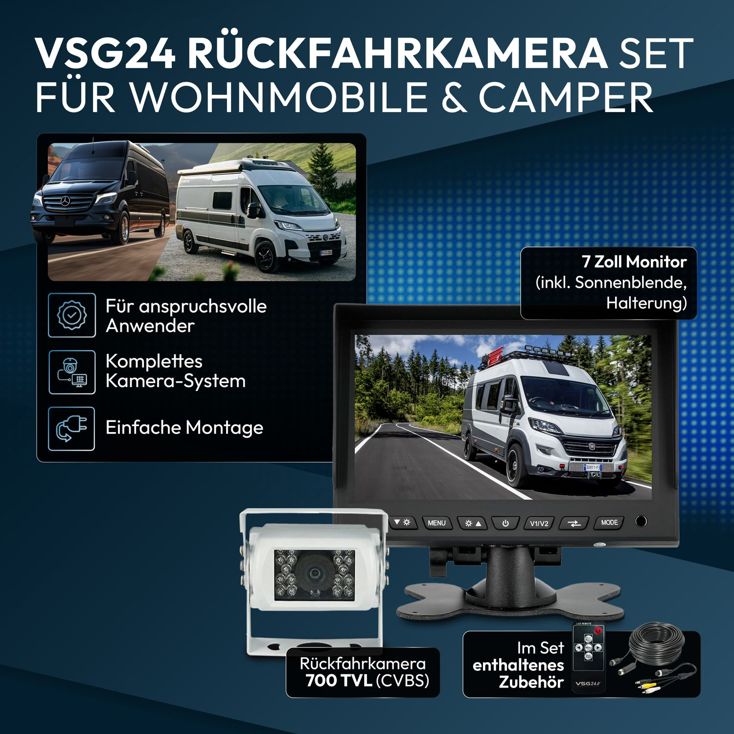 VSG24 Rückfahrkamera-Set für Wohnmobile mit 7-Zoll-Monitor, Rückfahrkamera und Zubehör.