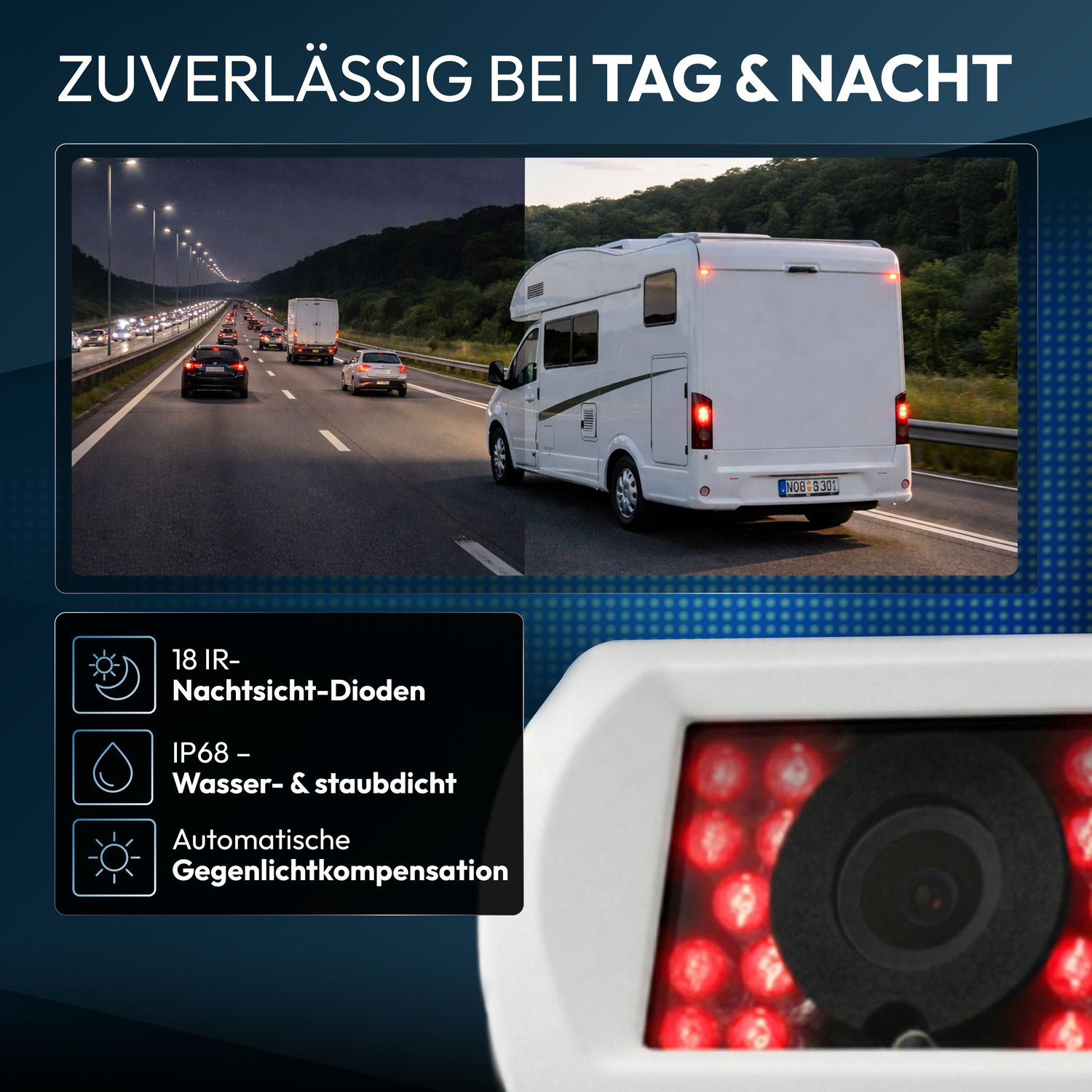 Autobahn bei Nacht und Tag, Wohnmobil, Rückfahrkamera mit IR-Dioden.