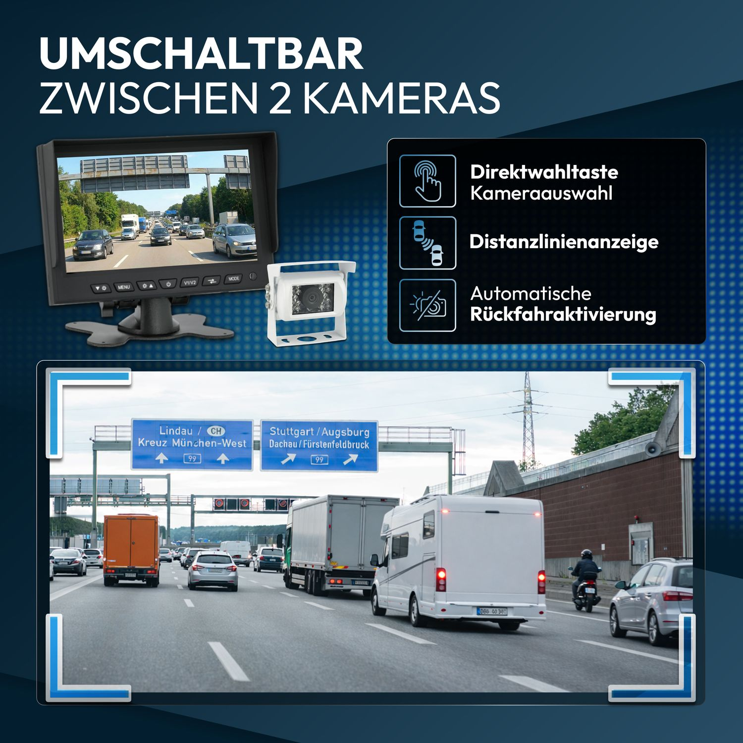 Anzeige einer Rückfahrkamera und eines Monitors mit Autobahnverkehr.