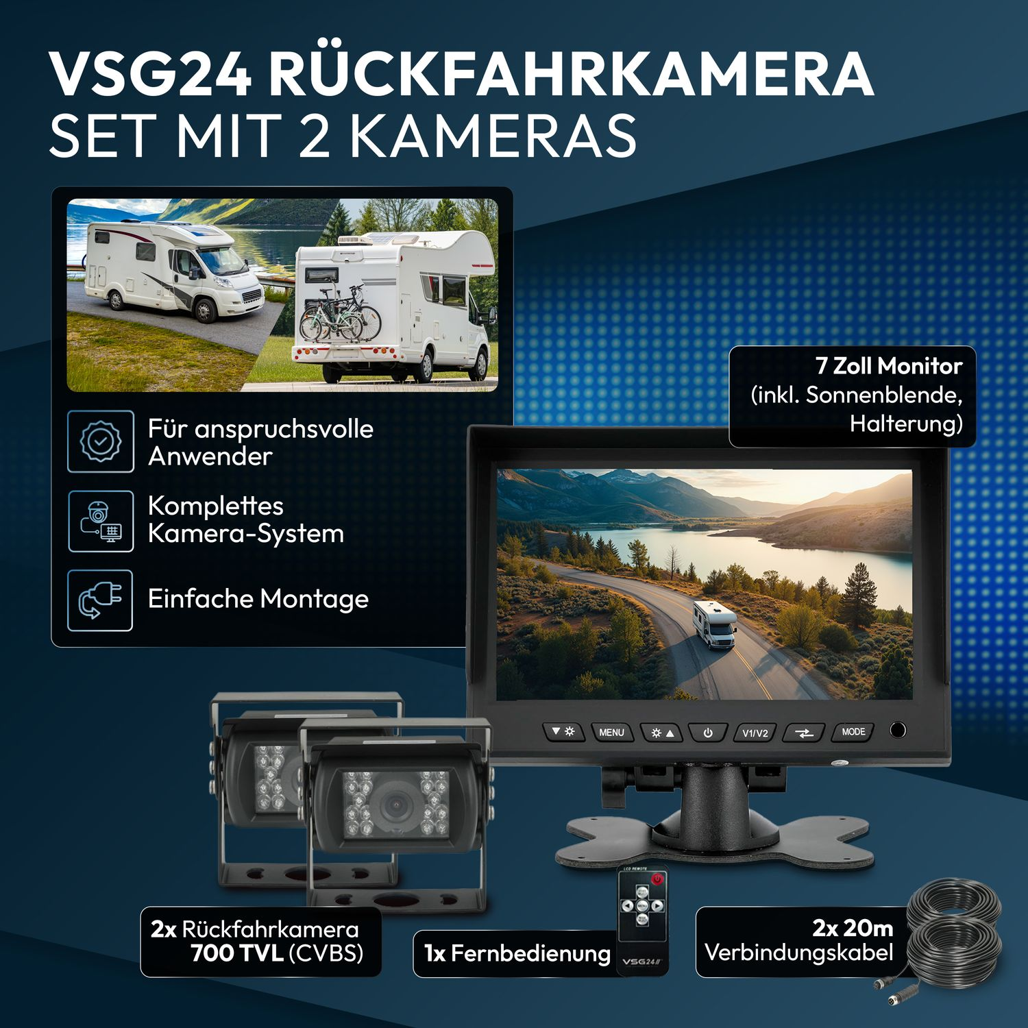 VSG24 Rückfahrkamera Set mit 2 Kameras, Monitor, Kameras, Kabel und Fernbedienung.