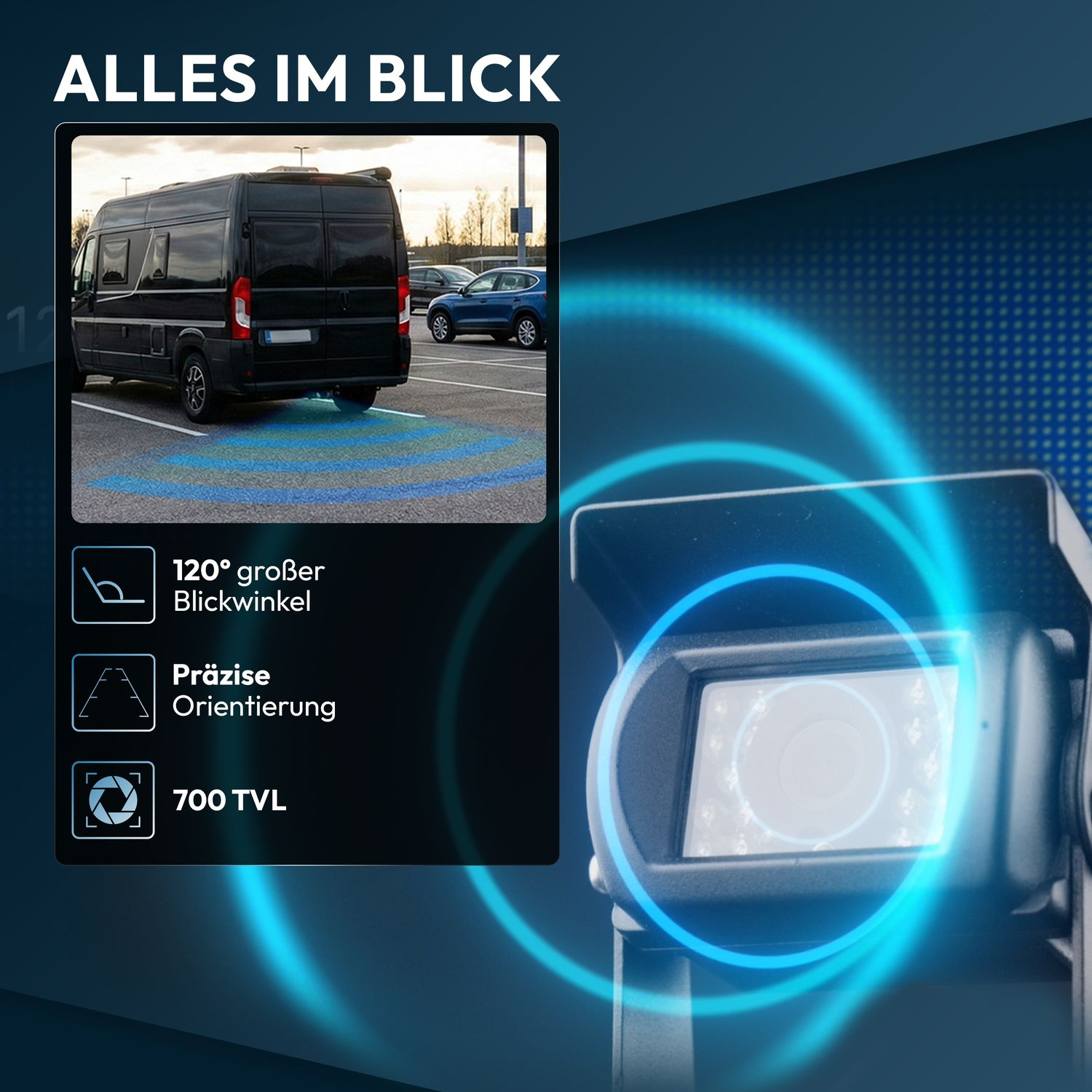 Rückansicht eines schwarzen Vans auf einem Parkplatz mit Parksensoren.
