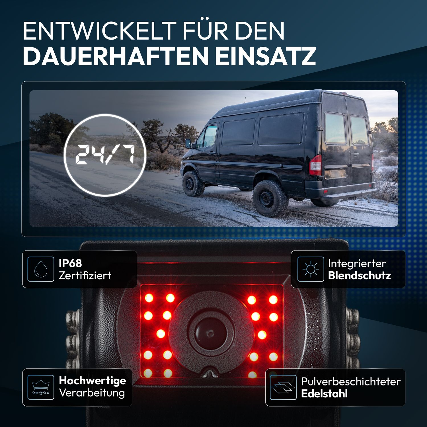 Schwarzer Van im Schnee mit 24/7 Anzeige, IP68, integriertem Blendschutz.