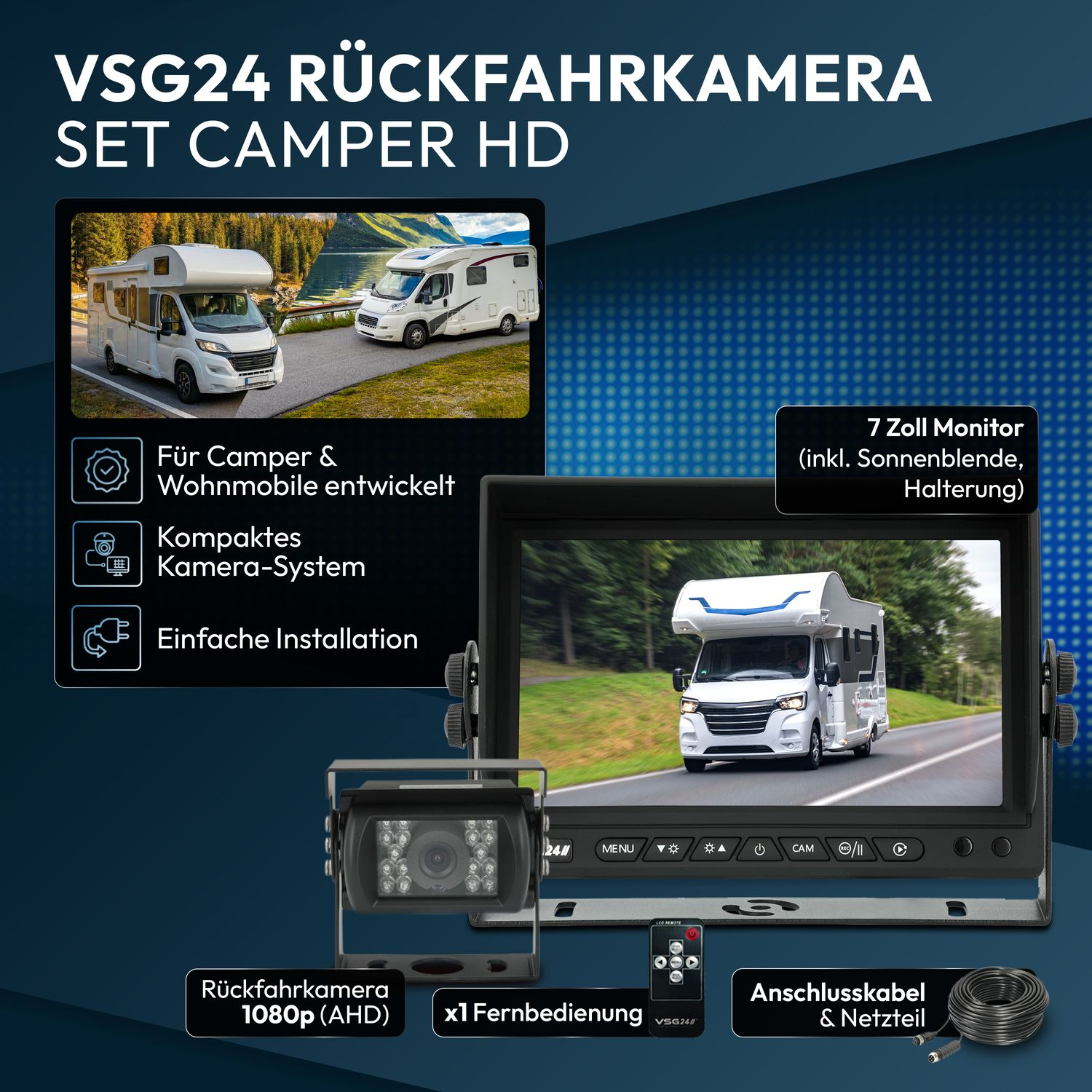 VSG24 Rückfahrkamera Set Camper HD mit 7 Zoll Monitor, Kamera, Fernbedienung und Kabel.