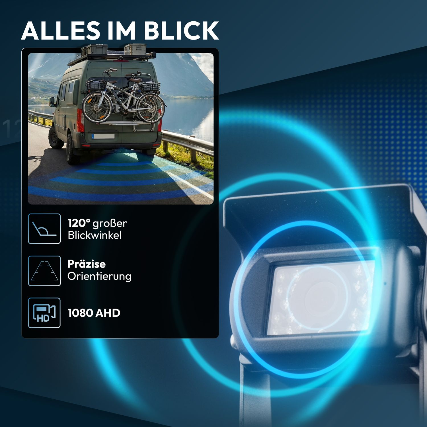 Rückfahrkamera mit 120° Blickwinkel, präziser Orientierung und 1080 AHD.