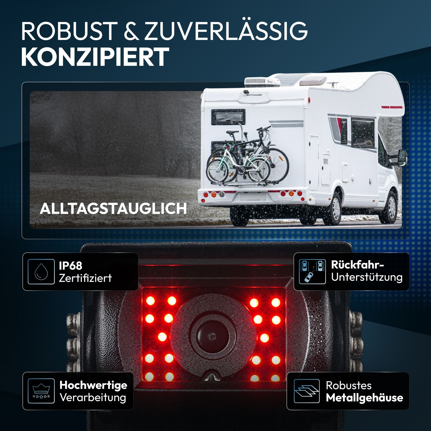 Rückfahrkamera mit LEDs, IP68 zertifiziert, robustes Metallgehäuse, an Wohnmobil.