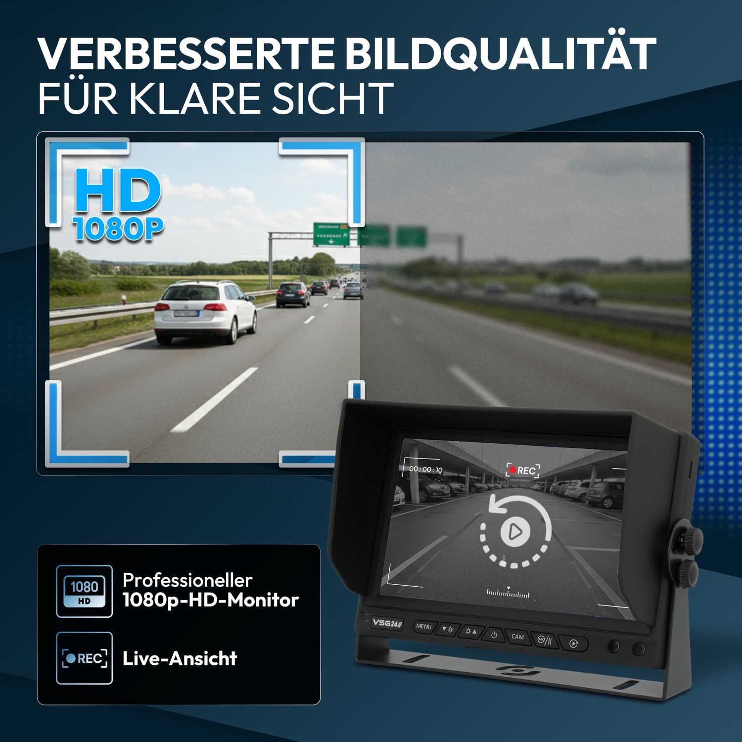 Ein Monitor zeigt eine Autobahn und einen Parkplatz. HD 1080p.