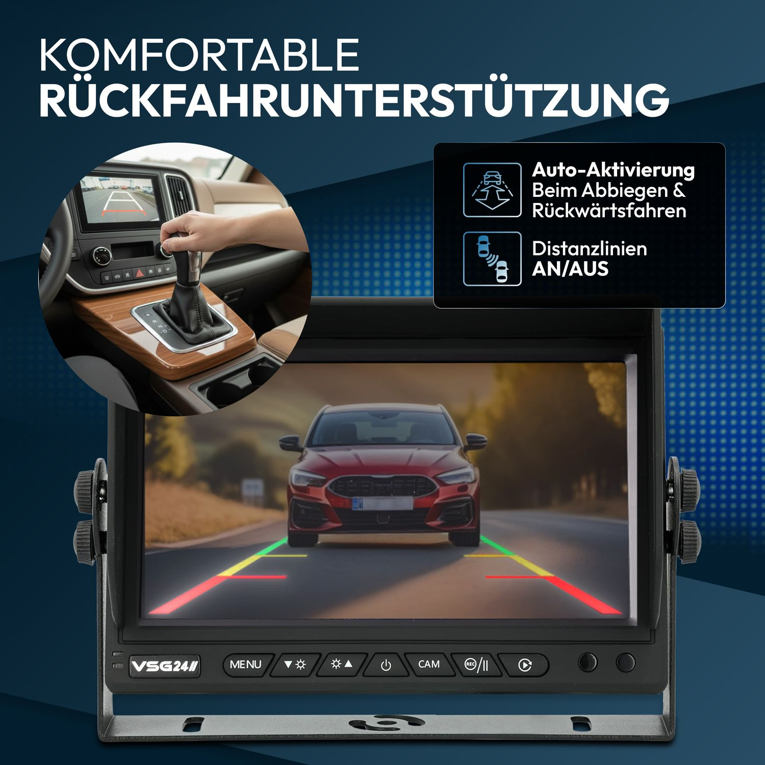 Rückfahrkamera-Display zeigt Rückansicht eines Autos mit Hilfslinien.