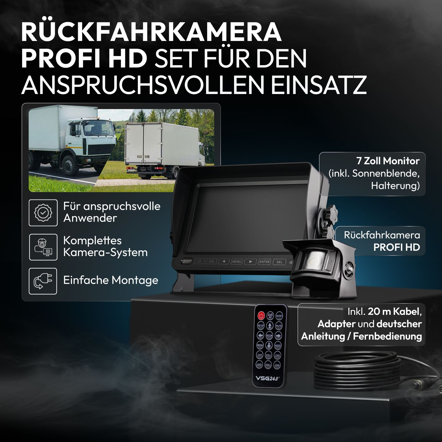 Rückfahrkamera-Set mit 7-Zoll-Monitor, Kamera, Kabel und Fernbedienung.