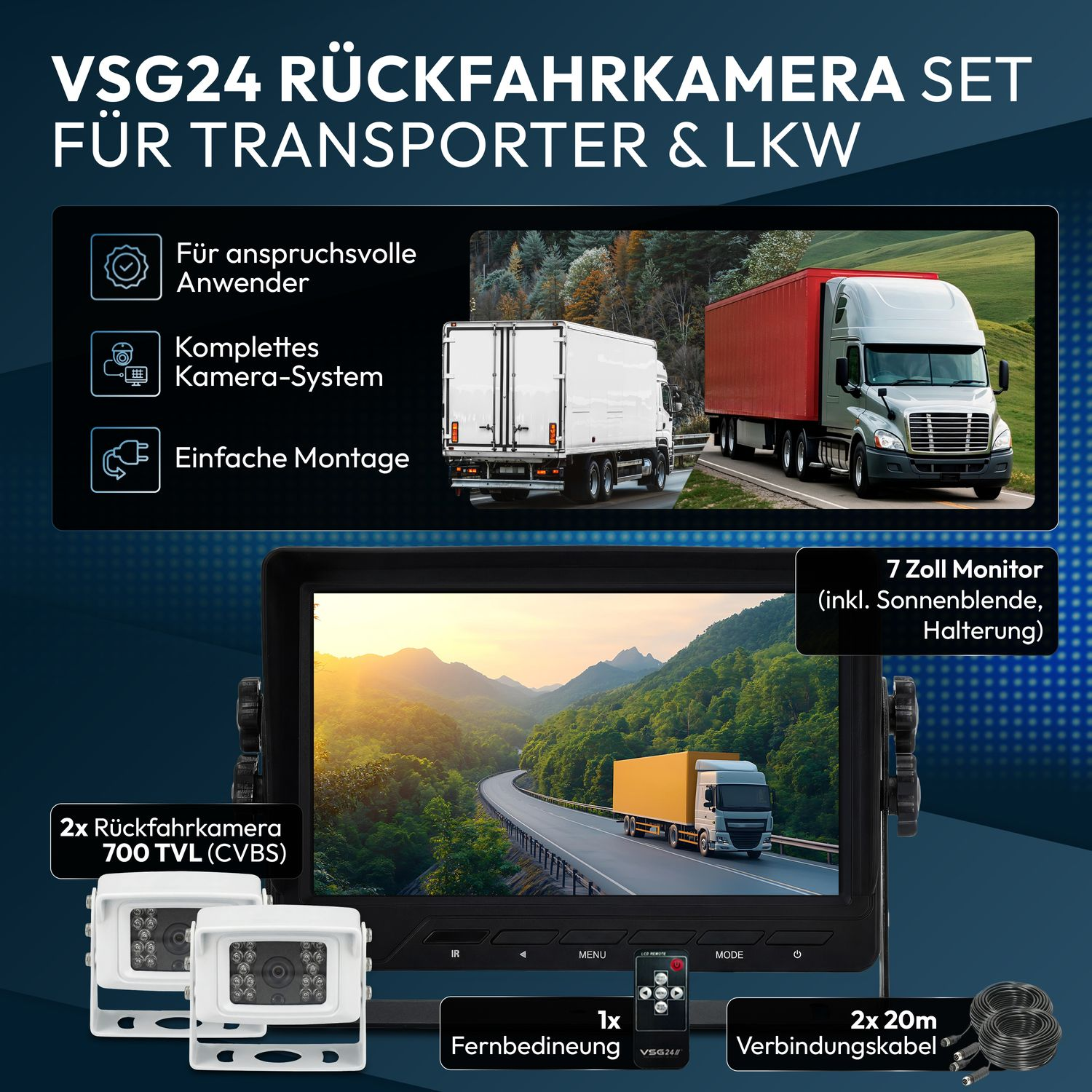 VSG24 Rückfahrkamera-Set für LKW. Inklusive Monitor, Kameras, Fernbedienung, Kabel.