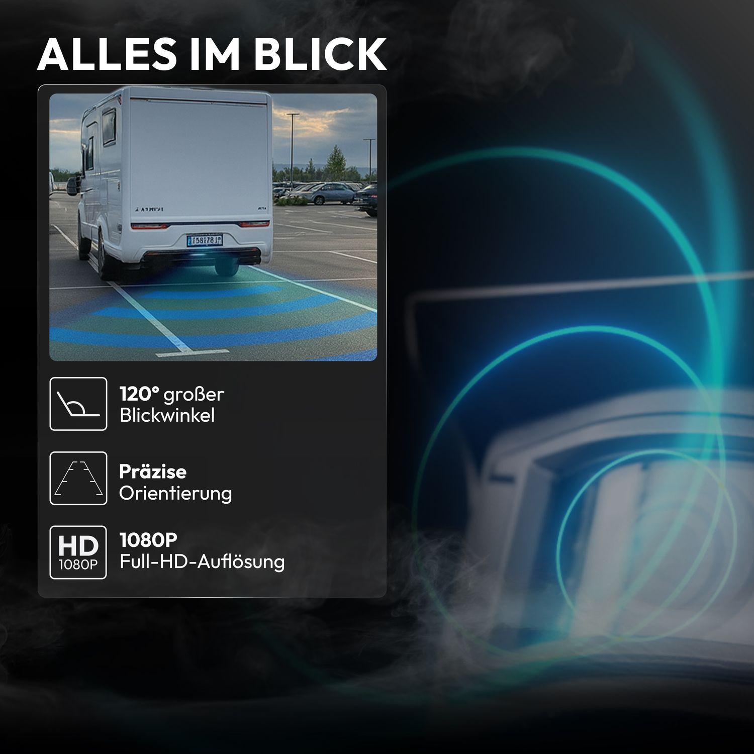 Weißer Wohnmobil auf Parkplatz mit Einparkhilfelinien. Merkmale: 120° Blickwinkel, präzise Orientierung, HD 1080P.
