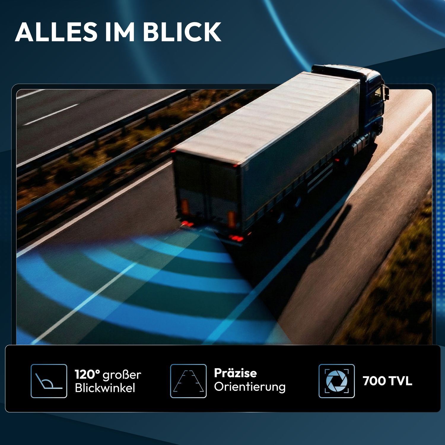 LKW fährt auf Autobahn, mit blauen Sensorenlinien und Text zu Winkel und Auflösung.