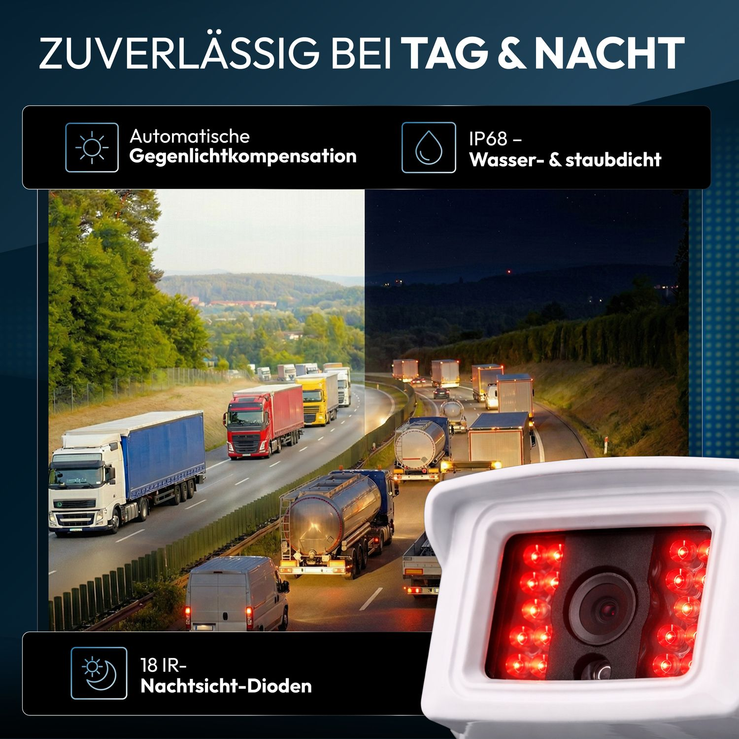 Überwachungskamera mit IR-Dioden für Tag- und Nachtsicht auf Autobahn.