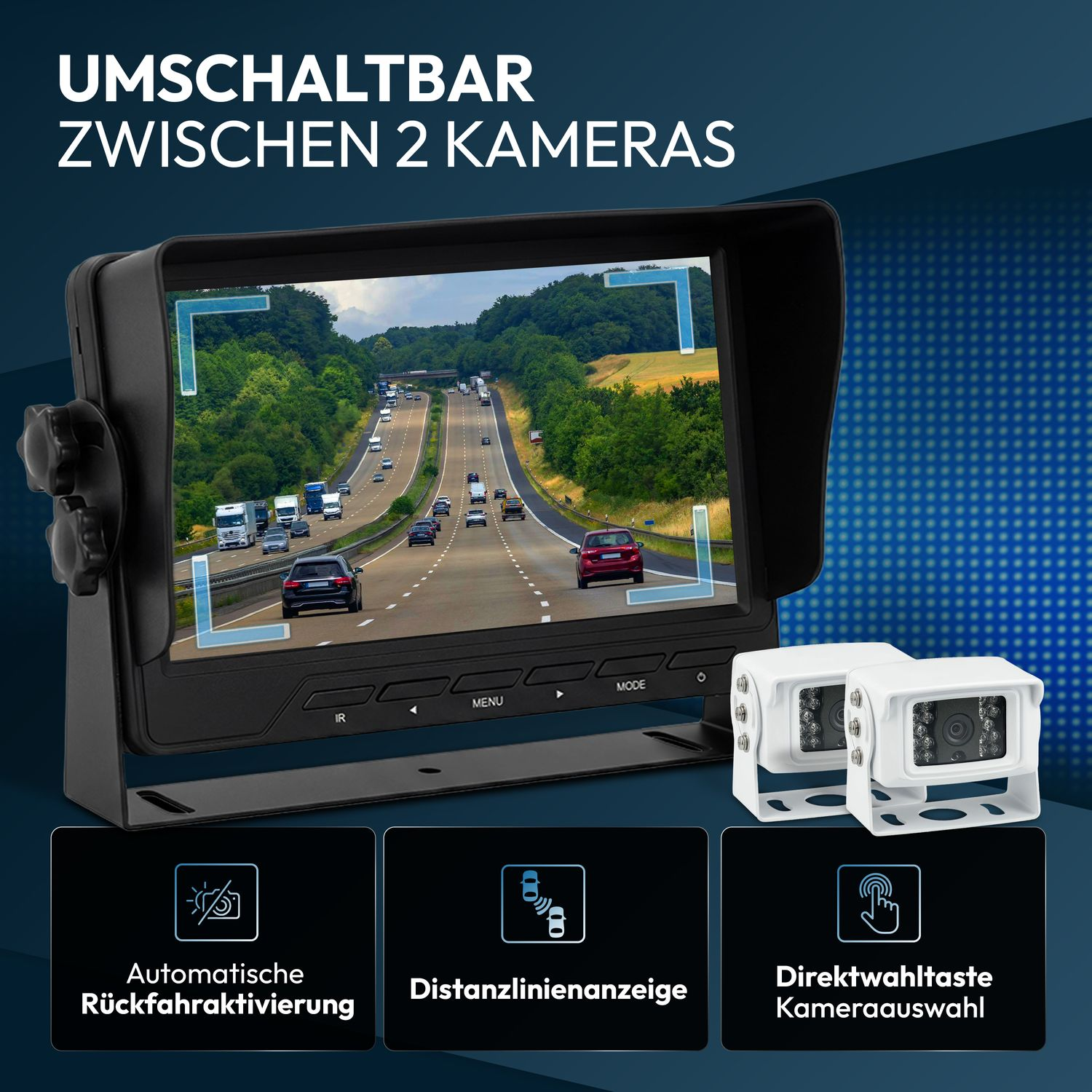 Bildschirm zeigt Autobahnverkehr. Zwei Kameras darunter. Symbole: Autom. Rückfahr, Distanzlinien, Kameraswahl.