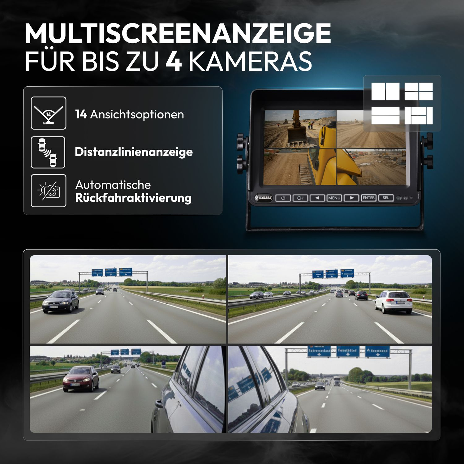 Multiscreen-Anzeige für bis zu 4 Kameras mit Ansichtsoptionen, Distanzlinien und Rückfahraktivierung.