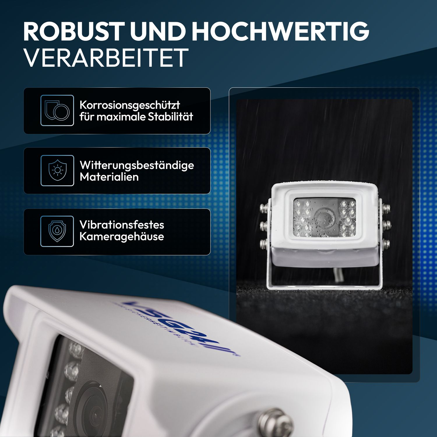 Weiße Überwachungskamera mit Infrarot-LEDs, robust und wetterfest.