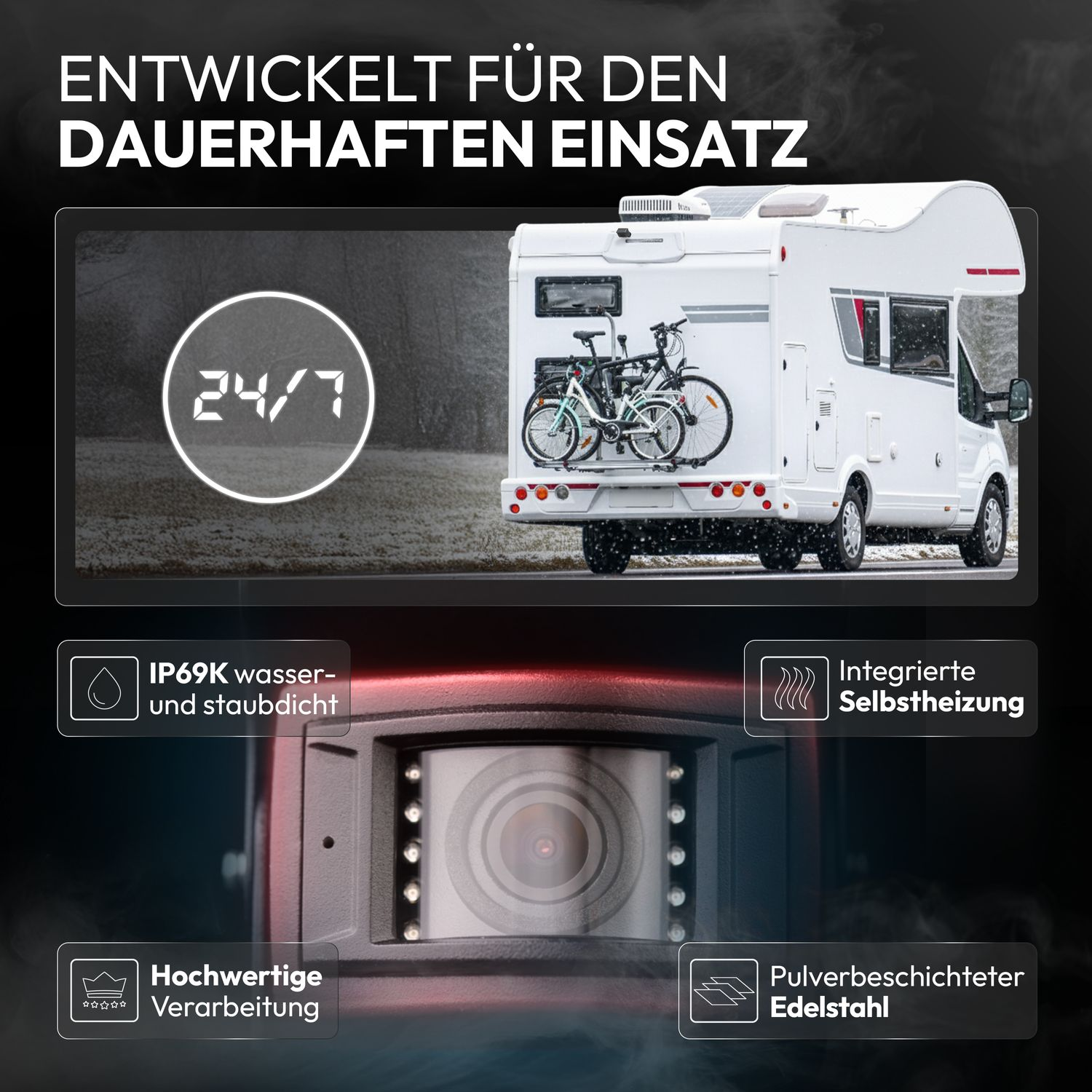 Wohnmobil mit Fahrrädern auf dem Gepäckträger. Merkmale: 24/7 Betrieb, IP69K wasserdicht, Heizung.