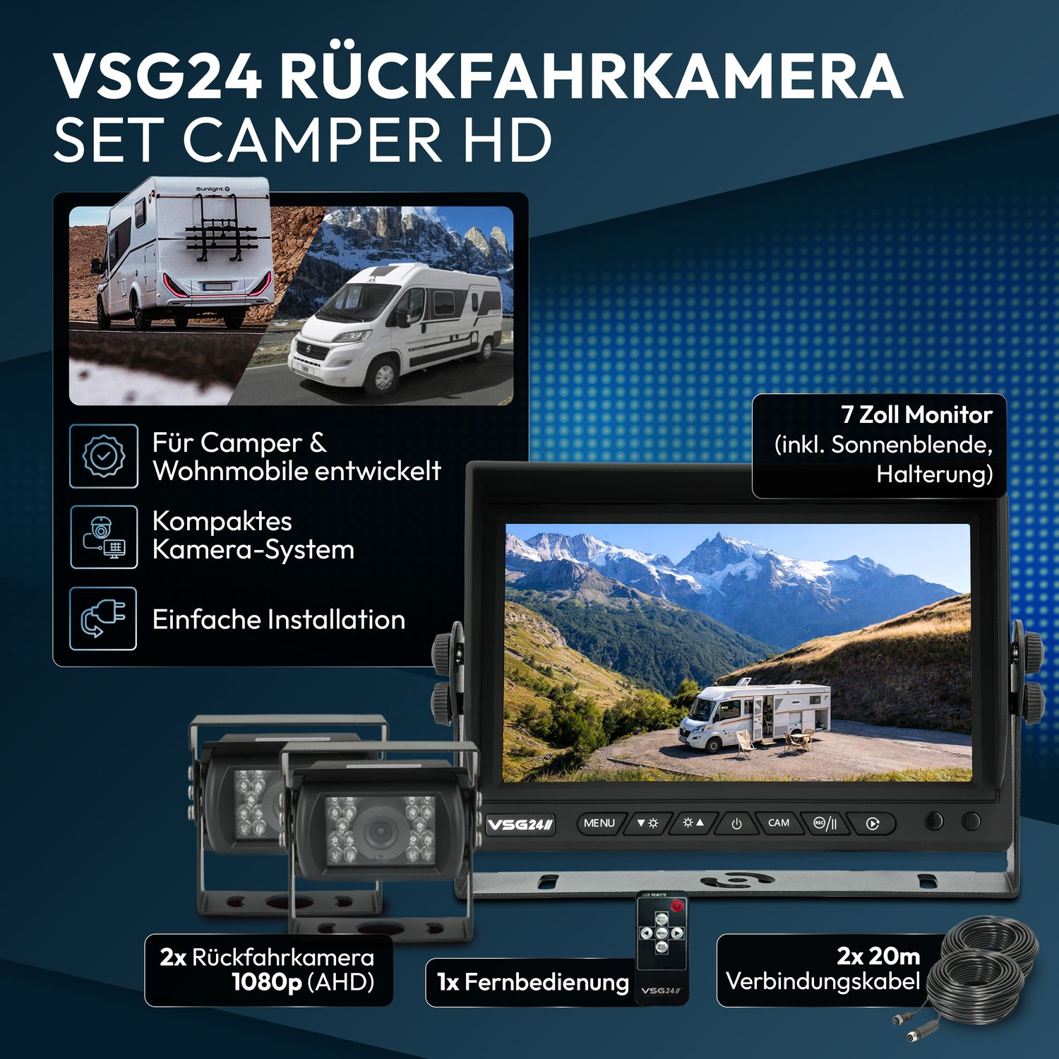 VSG24 Camper HD Rückfahrkamera-Set mit 7-Zoll-Monitor, zwei Kameras und Kabeln.