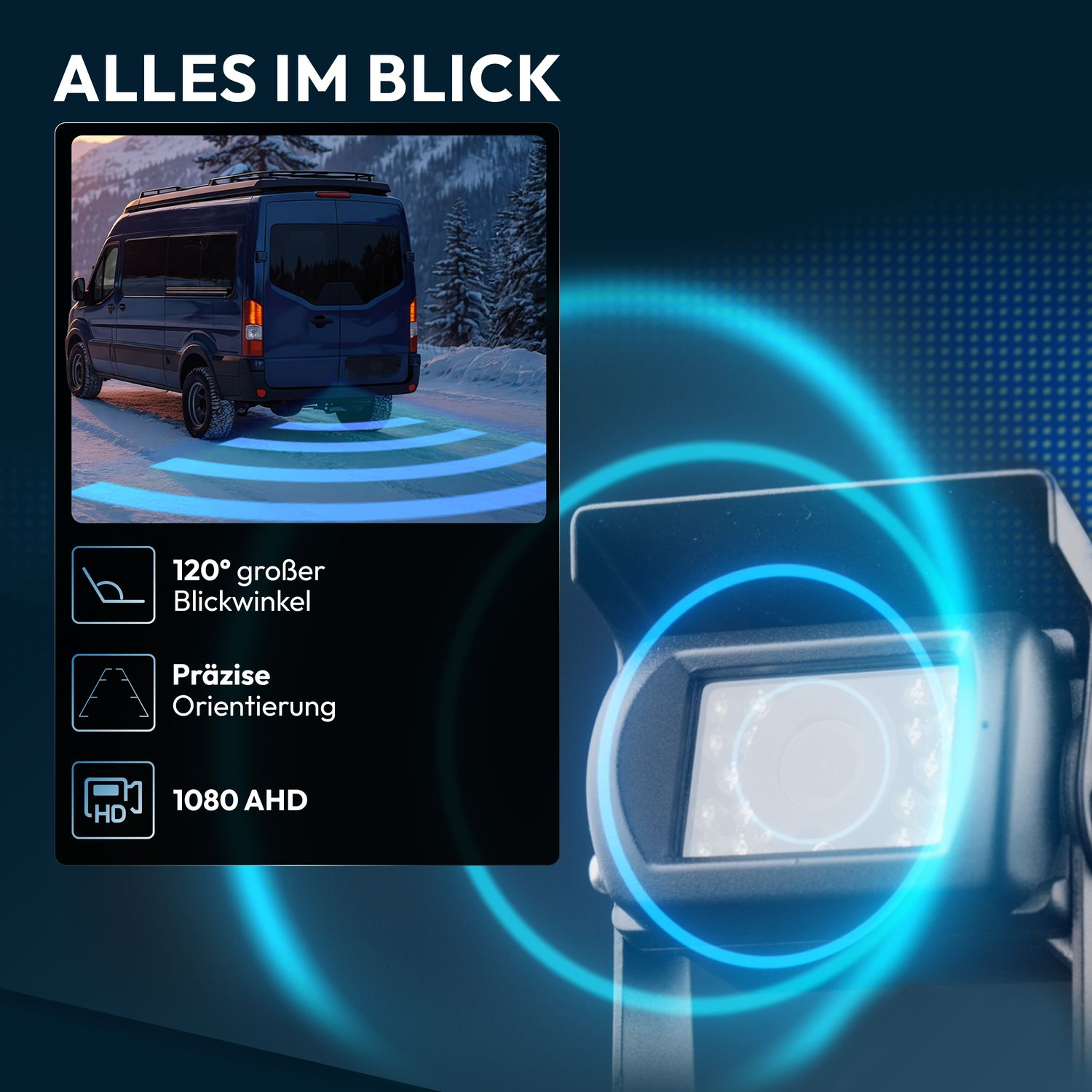 Rückfahrkamera mit 120° Weitwinkel, präziser Orientierung und 1080 AHD.