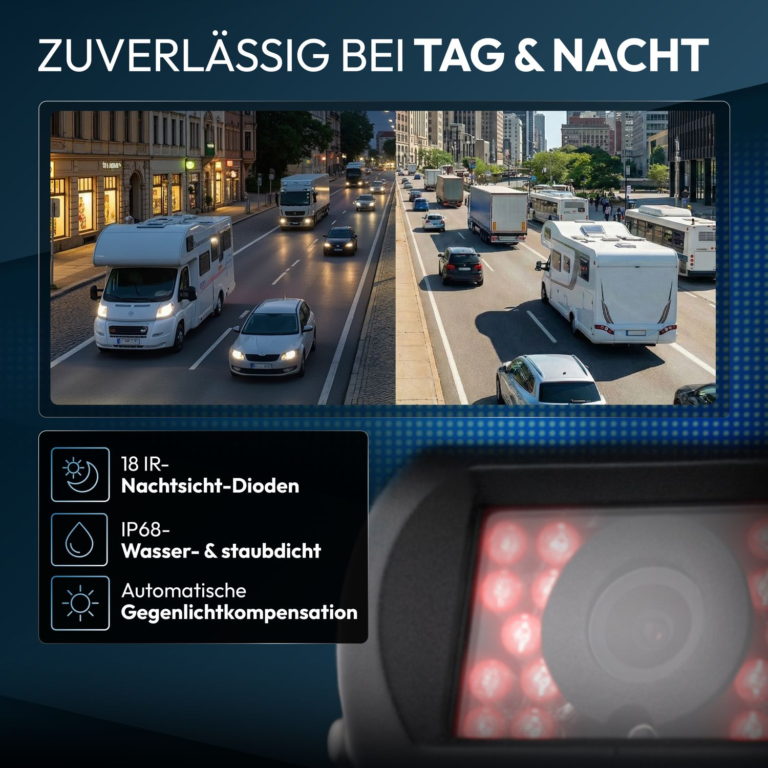 Straßenszene bei Tag und Nacht mit Wohnmobilen und LKWs.
