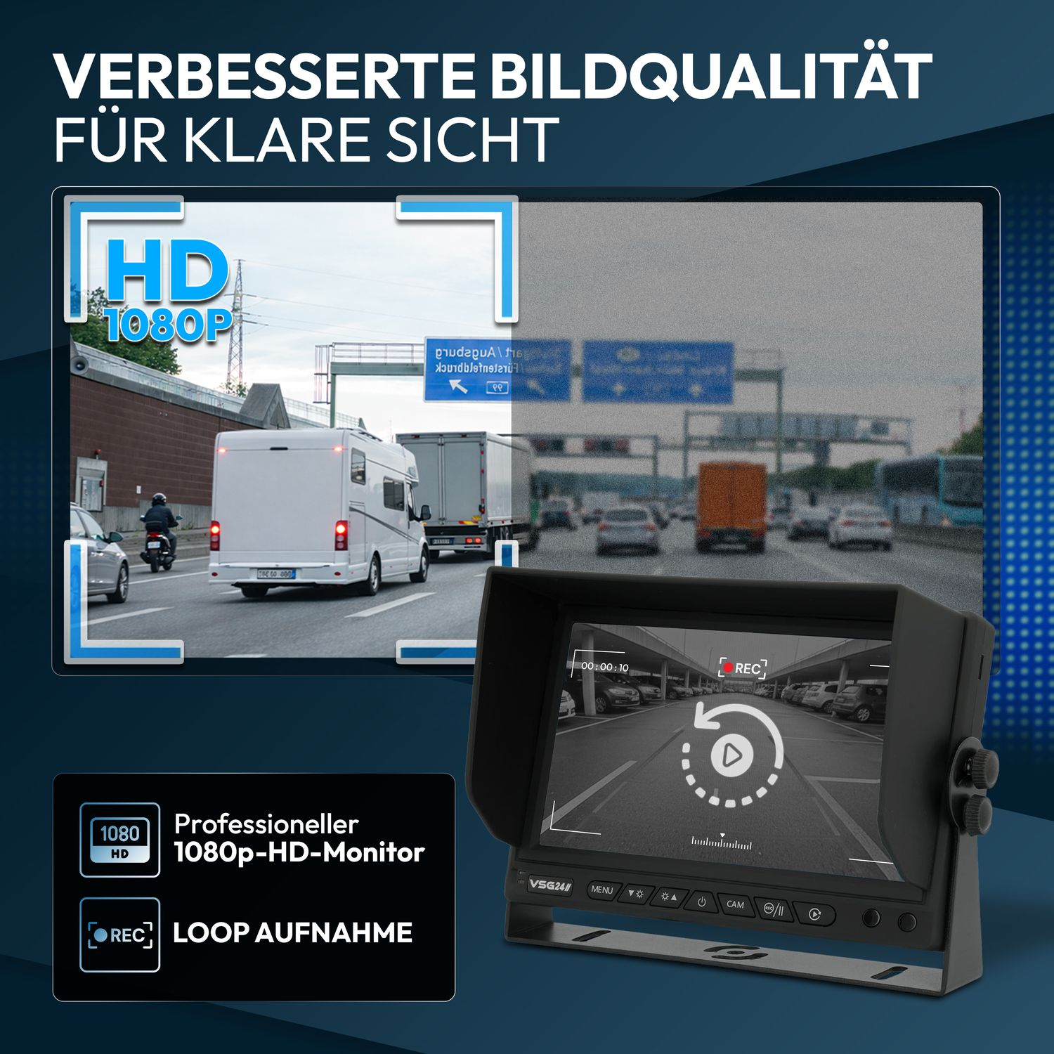 Ein Monitor zeigt eine Straßenszene mit Autos und einer Wohnmobil. Text über HD-Qualität.