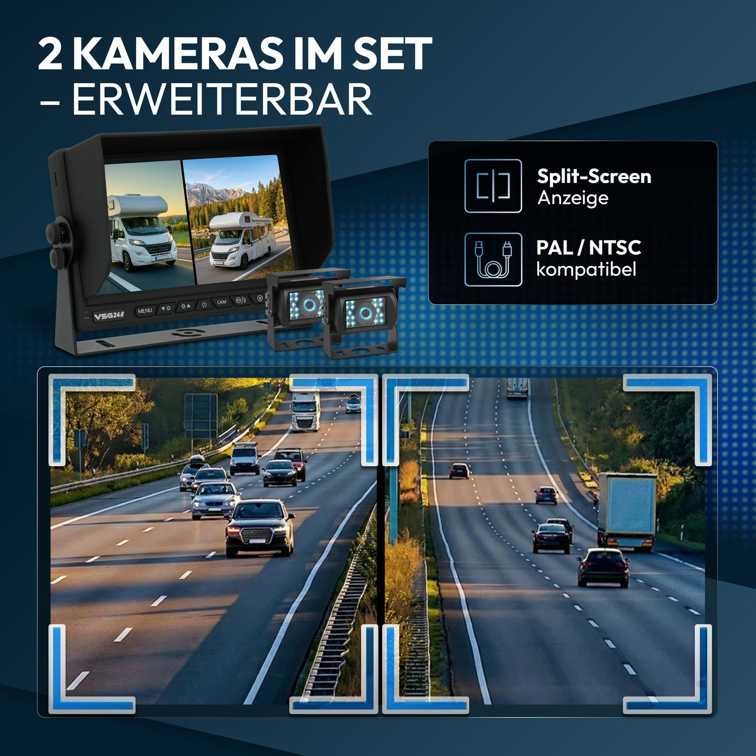 Bildschirm mit zwei Kameras und Wohnmobilen, Autobahnverkehr und Text.