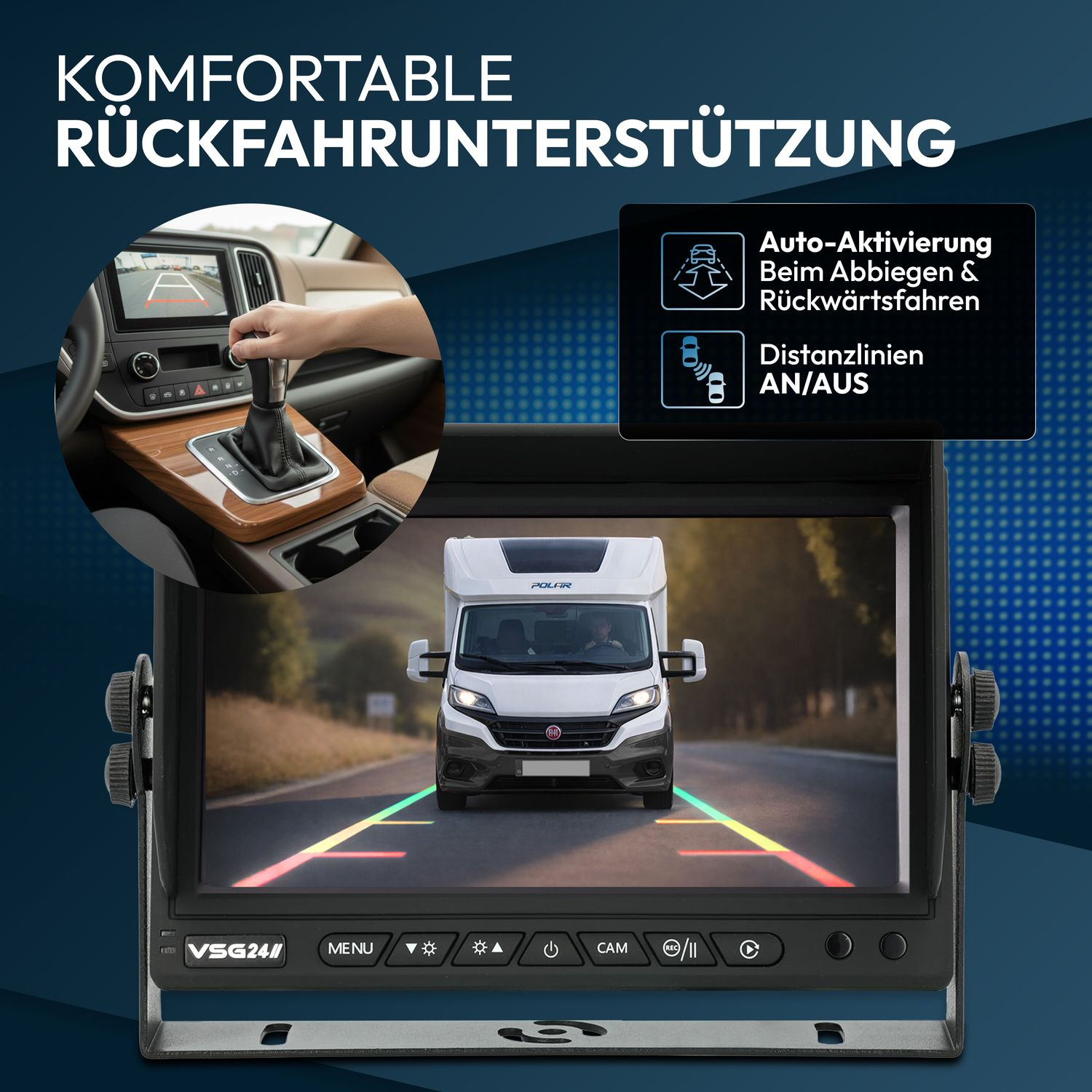Rückfahrkamera mit Hilfslinien zeigt Wohnmobil auf Straße.
