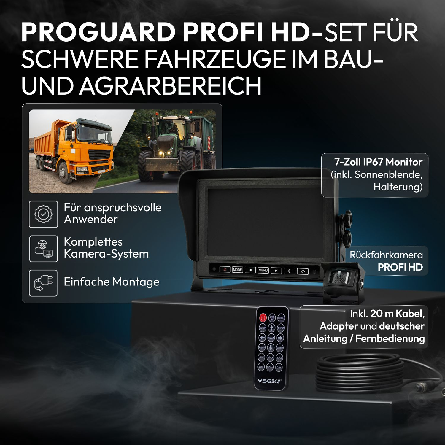 PROGUARD PROFI HD Set: Monitor, Kamera, Fernbedienung für Baufahrzeuge.