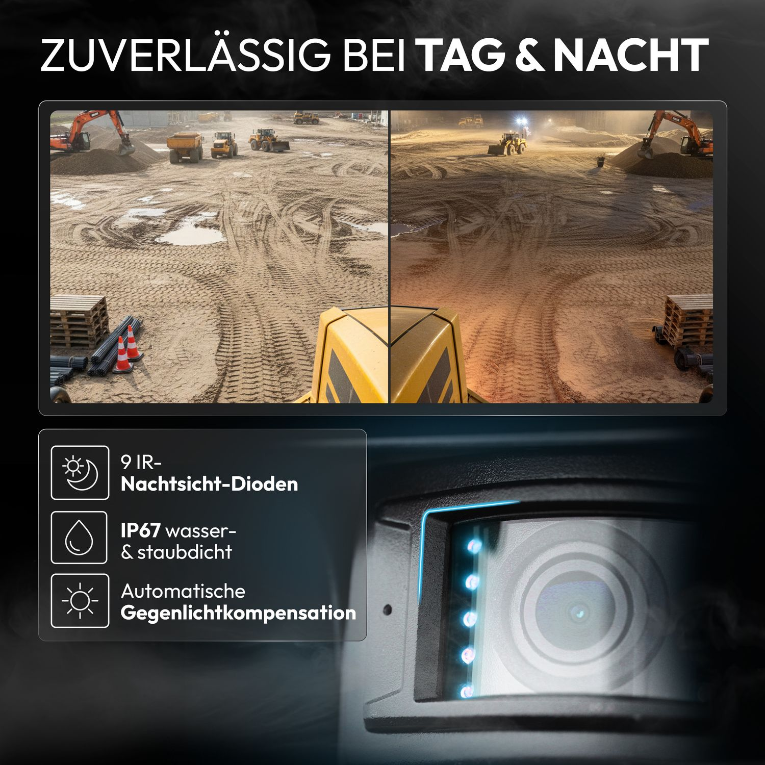 Baustelle bei Tag und Nacht mit Baumaschinen, Kamera und technischen Merkmalen.
