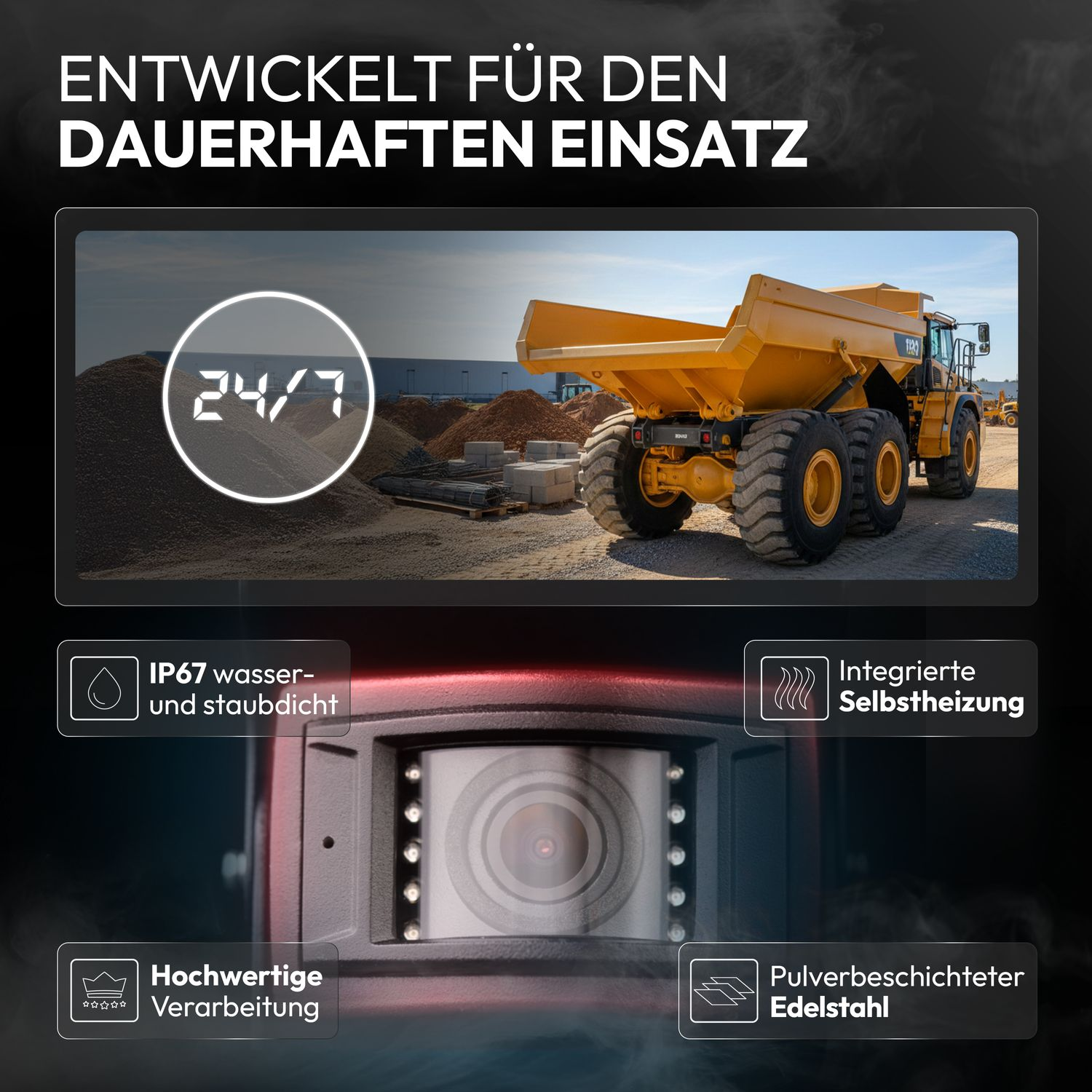 Gelber Dumper auf Baustelle, mit Text über Langlebigkeit und Robustheit.