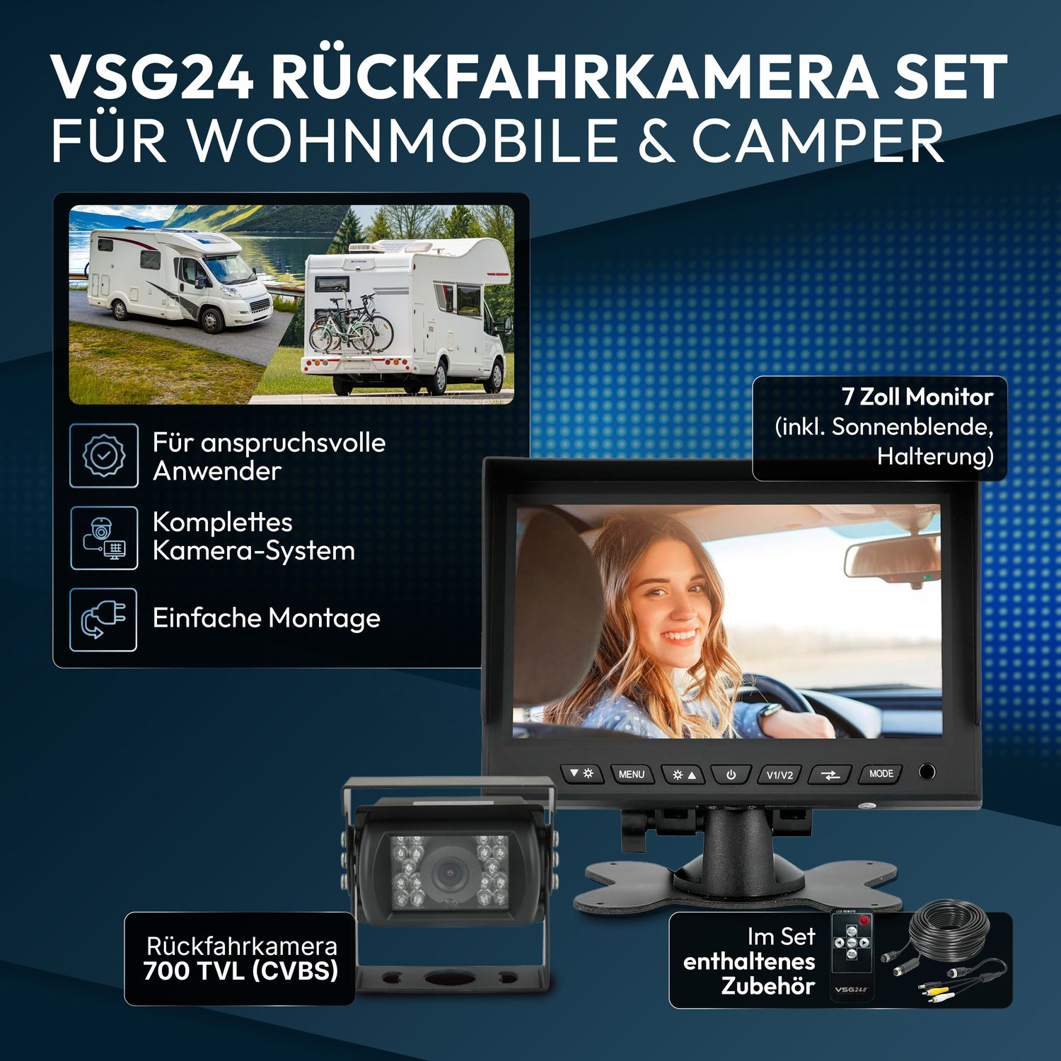 VSG24 Rückfahrkamera-Set mit 7-Zoll-Monitor, Kamera, Kabel und Fernbedienung.