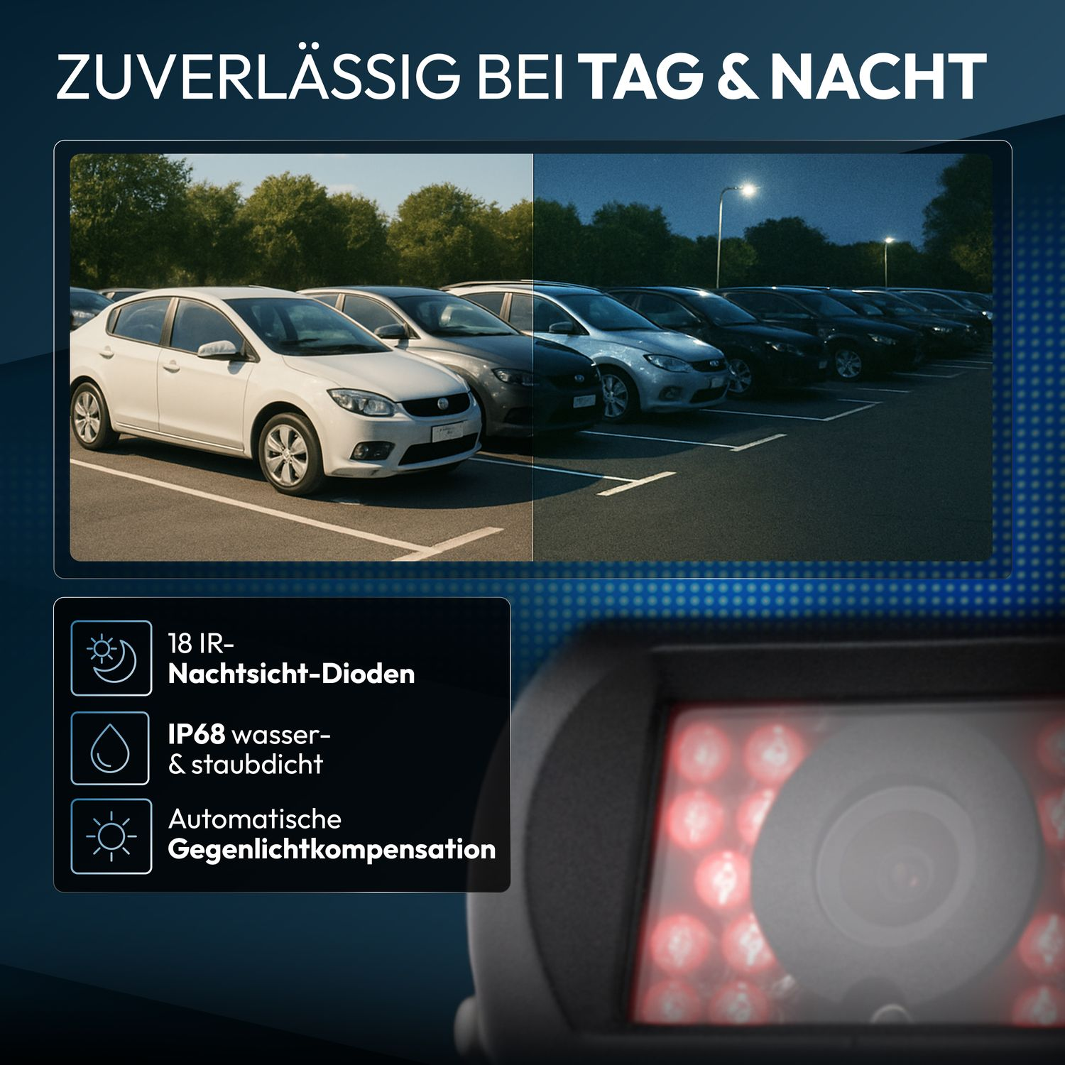 Ein Parkplatz bei Tag und Nacht, mit Autos und einer Überwachungskamera.