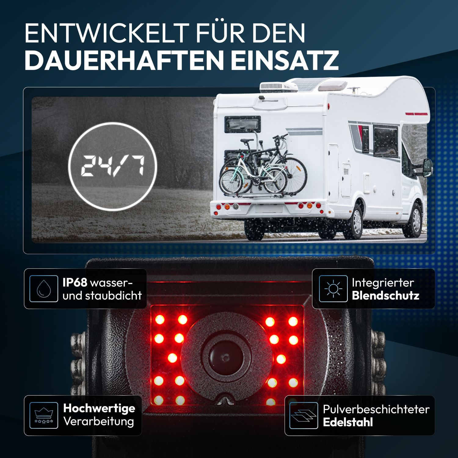 Ein Wohnmobil mit Fahrrädern auf der Rückseite und einer Rückfahrkamera.