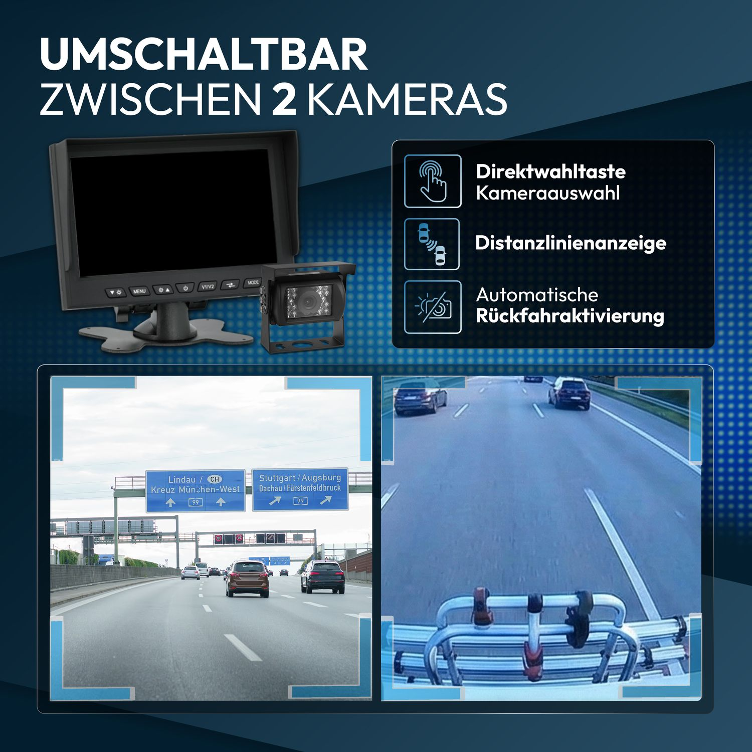 Monitor mit Kamera, Autobahnansicht und Umschaltfunktionen.