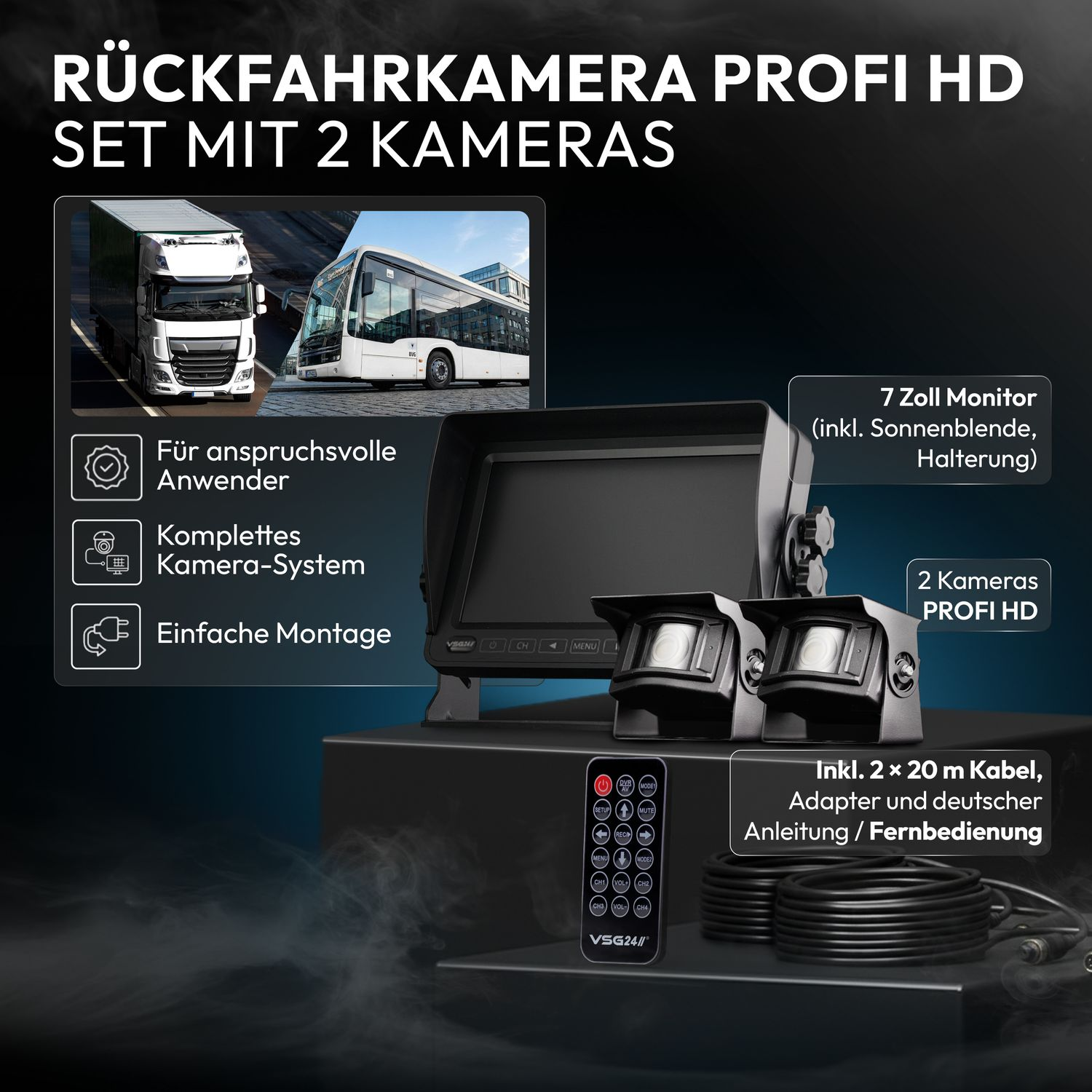 Rückfahrkamera-Set mit 7-Zoll-Monitor, 2 Kameras, Kabeln, Fernbedienung.