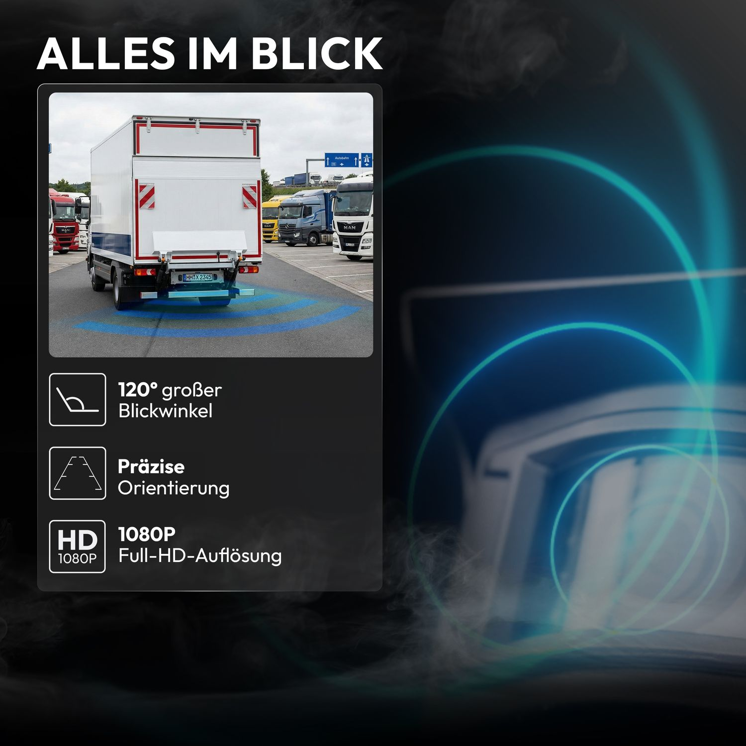 Rückfahrkameraansicht eines LKWs mit 120° Blickwinkel und HD-Auflösung.