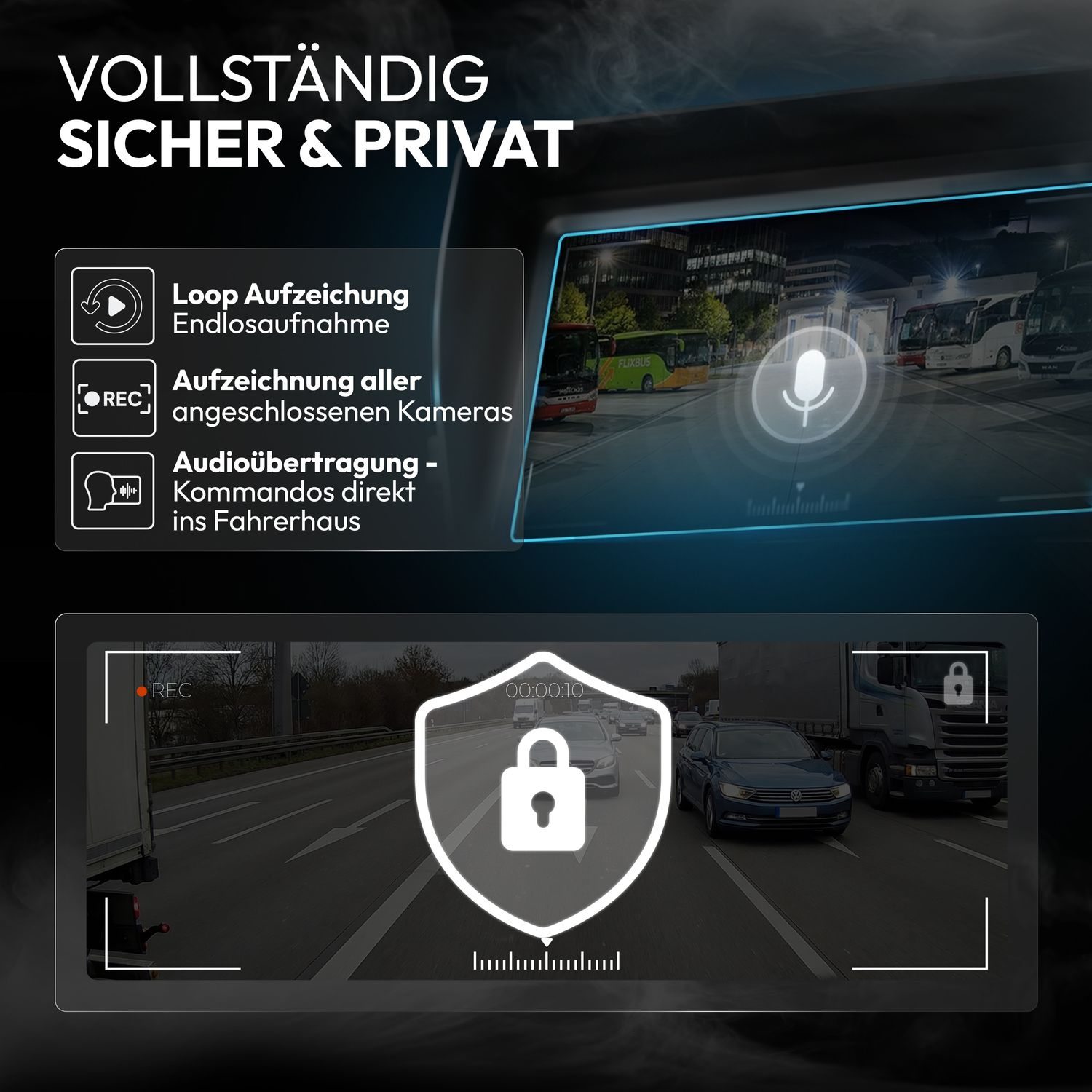 Sicherheitskamera-Ansicht mit Text über Aufnahme und Audio.