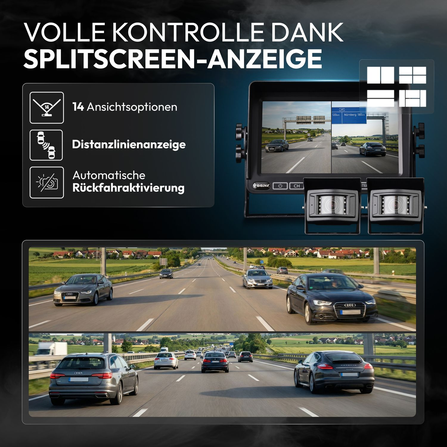 Split-Screen-Anzeige mit 14 Ansichtsoptionen, Distanzlinien und Rückfahrkamera.