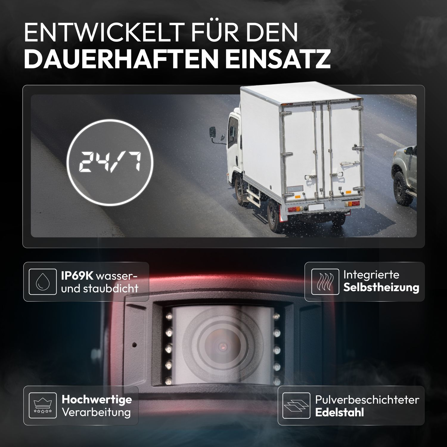 Überblick über eine Überwachungskamera mit LKW-Bild. Merkmale: 24/7, IP69K, Heizung, Edelstahl.