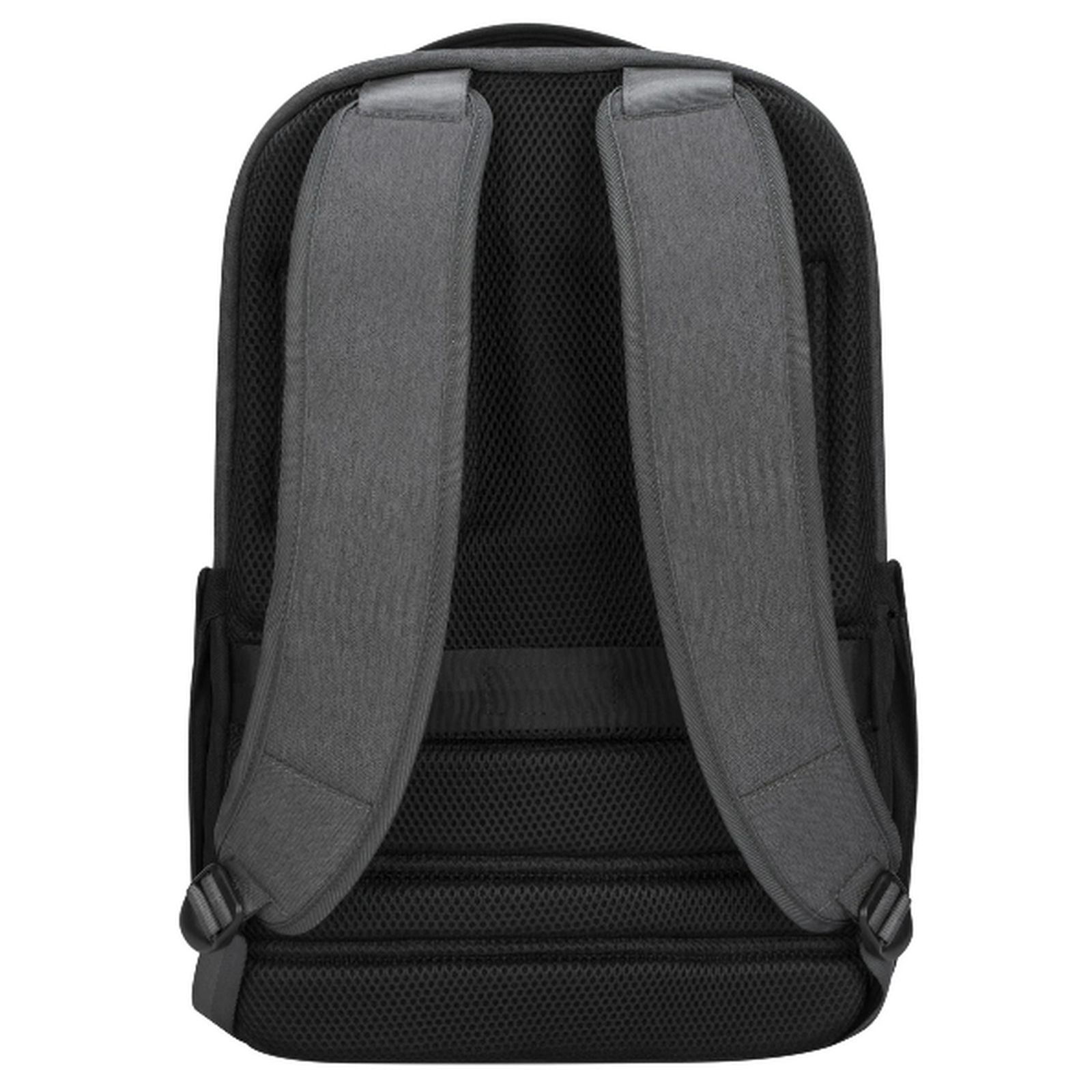 Vista trasera de una mochila negra con correas de hombro grises acolchadas.