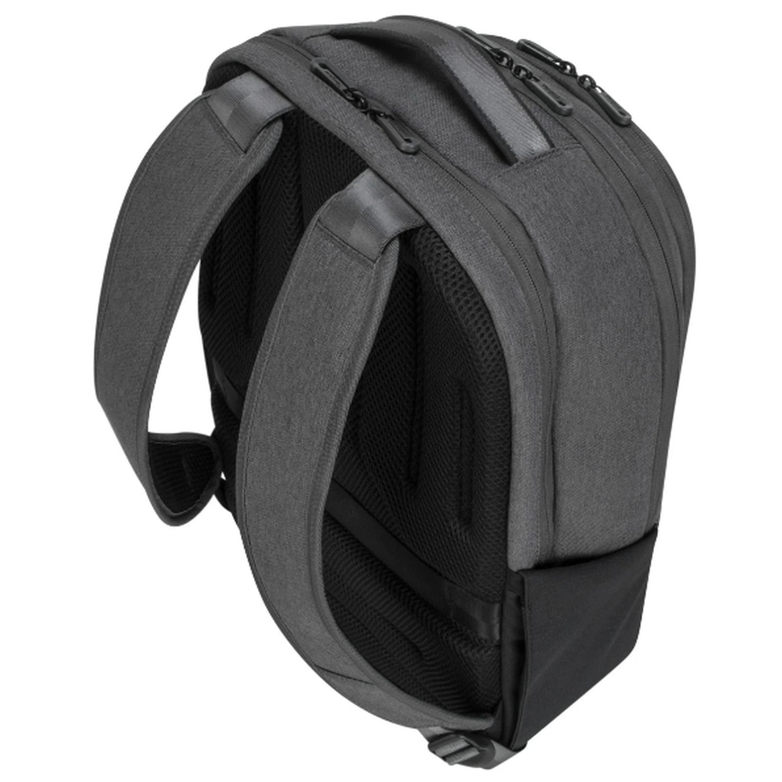 Mochila gris con correas acolchadas y panel trasero de malla.