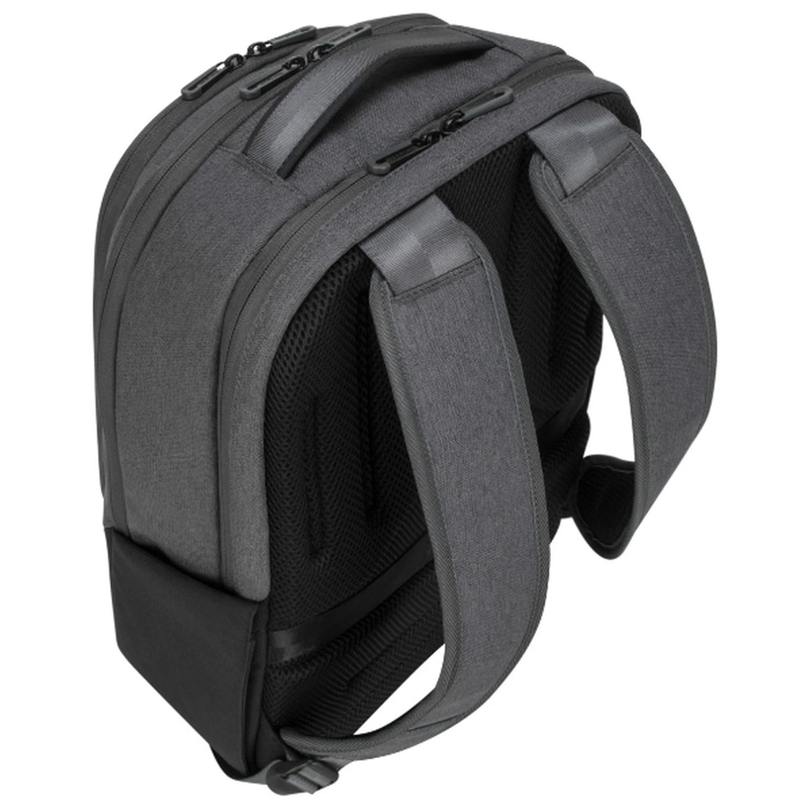 Mochila gris con correas acolchadas y panel trasero de malla.