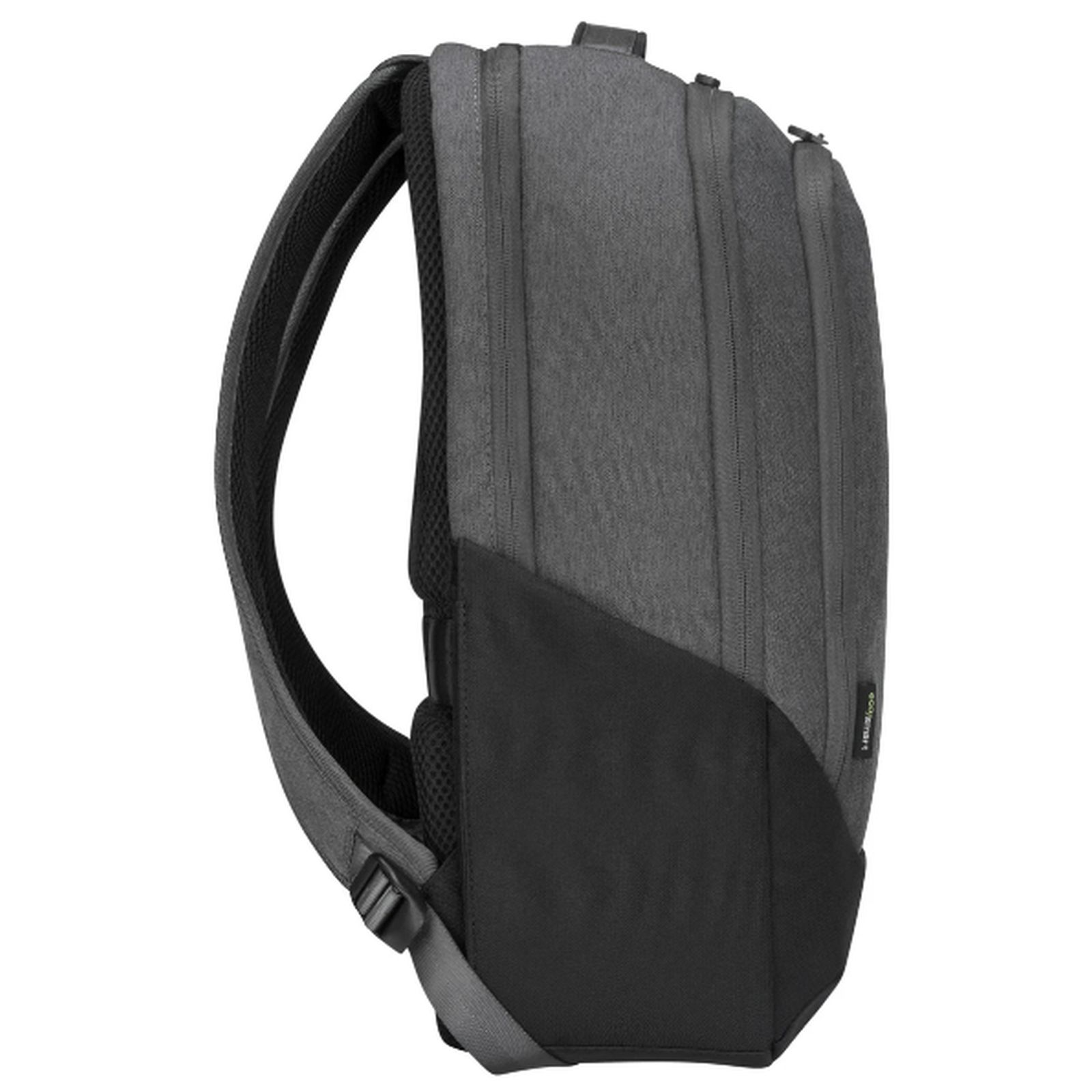 Mochila gris con detalles negros y correas ajustables, vista de lado.
