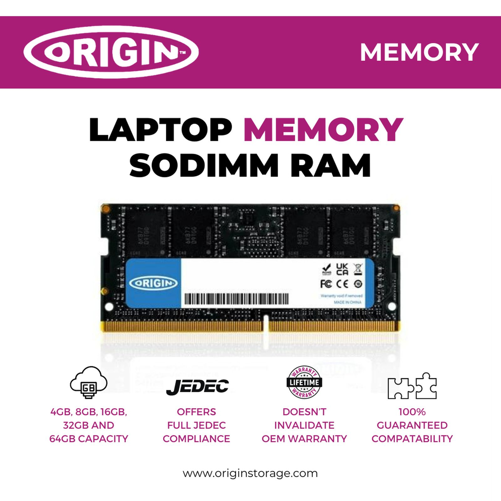 Un modulo RAM per laptop con logo ORIGIN e specifiche.
