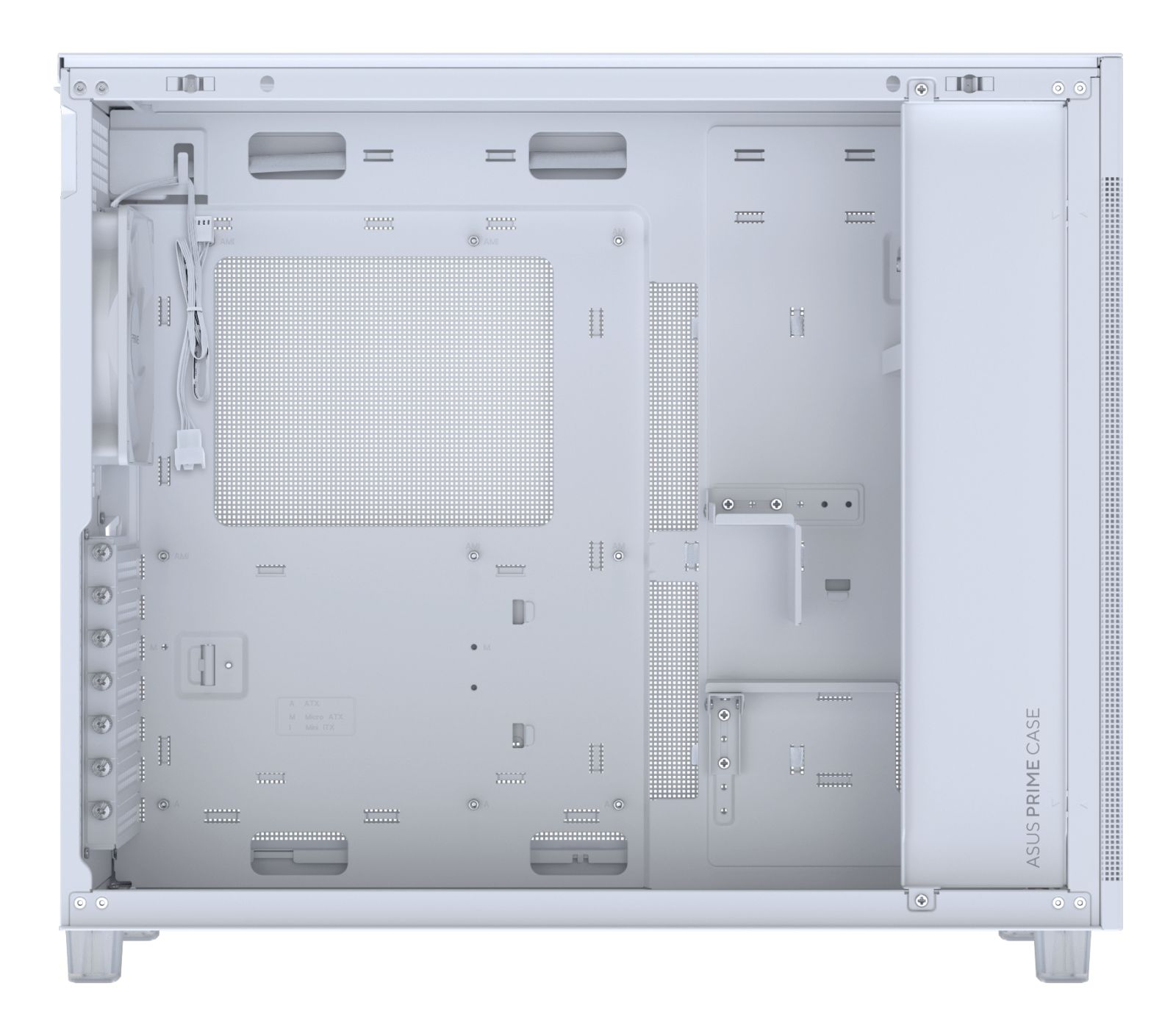 Biała obudowa komputera z wentylatorem i kablami. Zawiera napis ASUS PRIME CASE.
