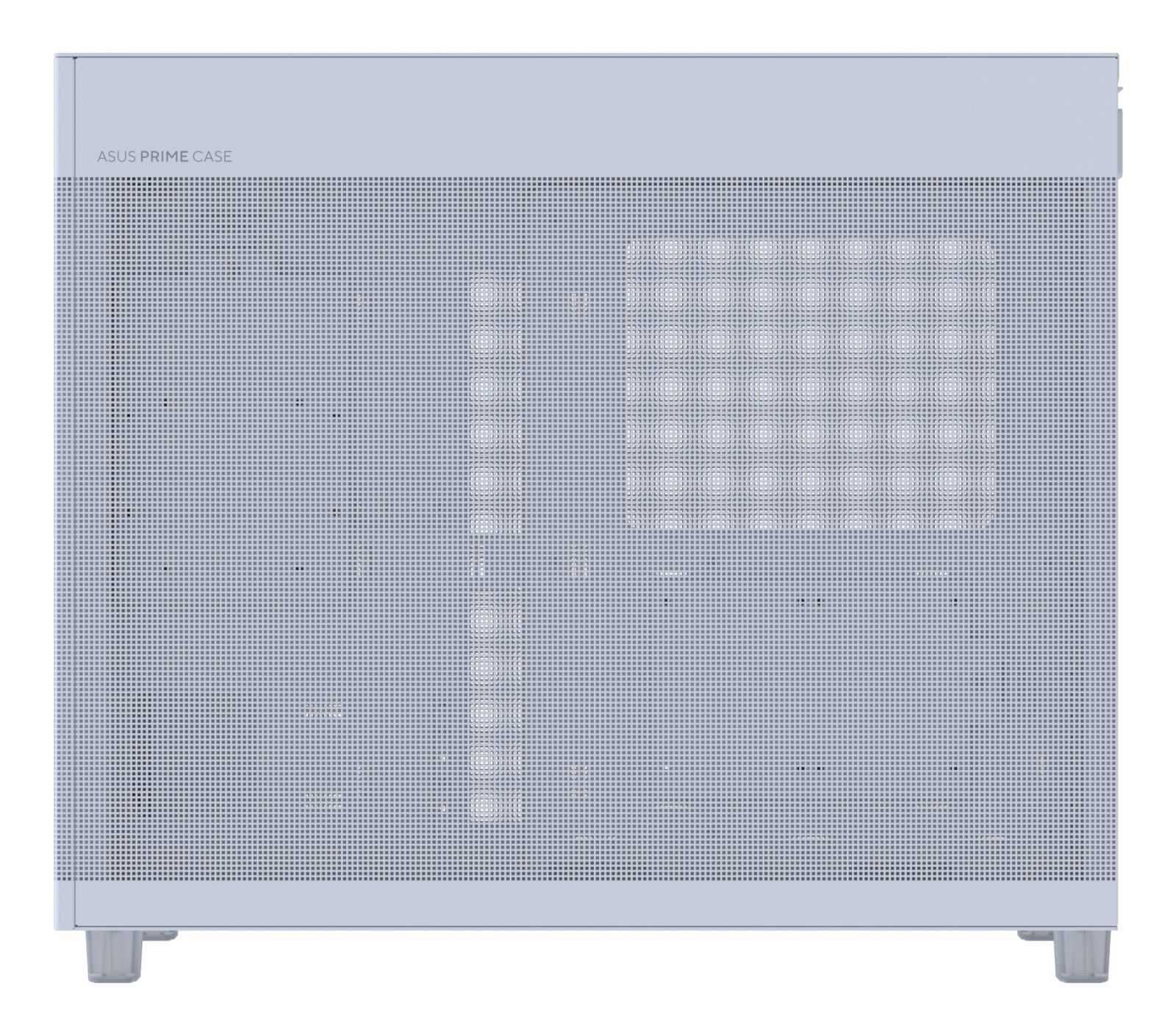 Biała obudowa komputera z perforowanym wzorem i napisem "ASUS PRIME CASE".