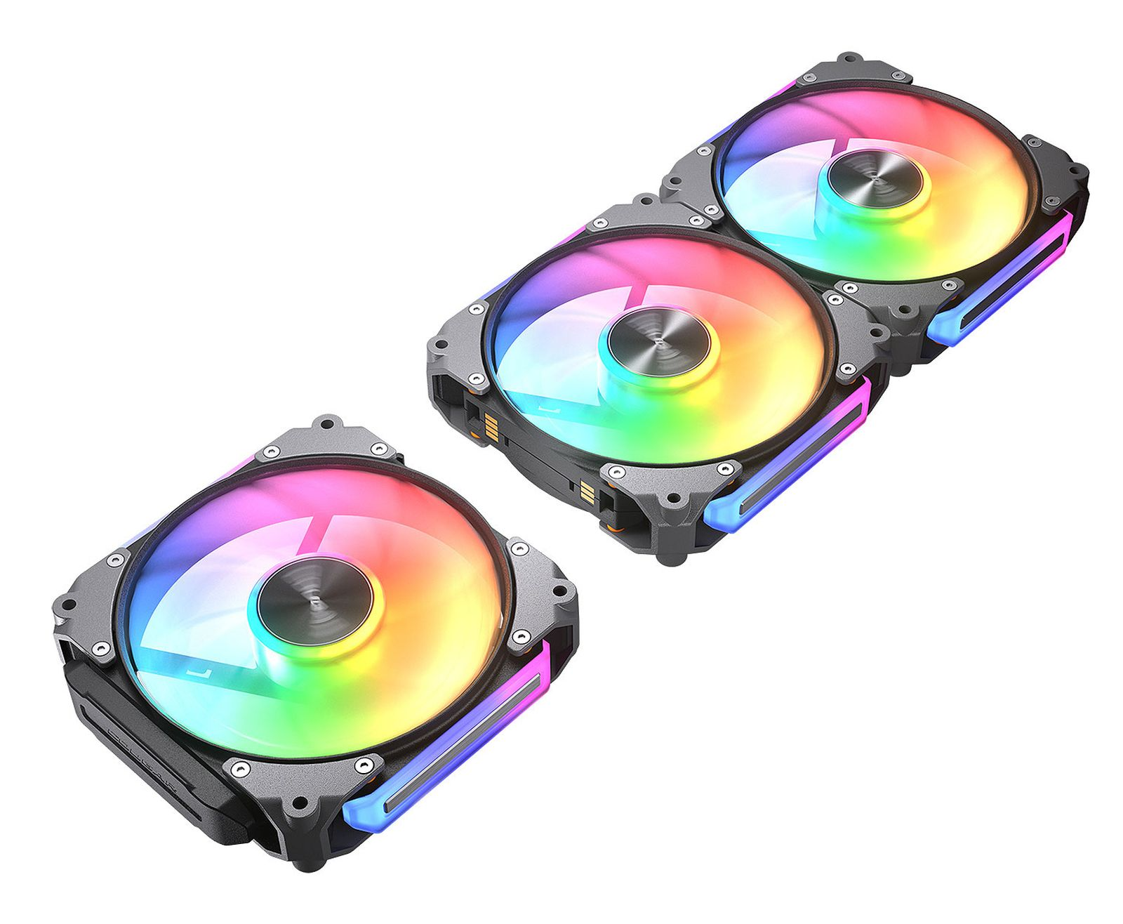Dwa wentylatory PC RGB z szarymi ramkami i kolorowymi światłami na białym tle.