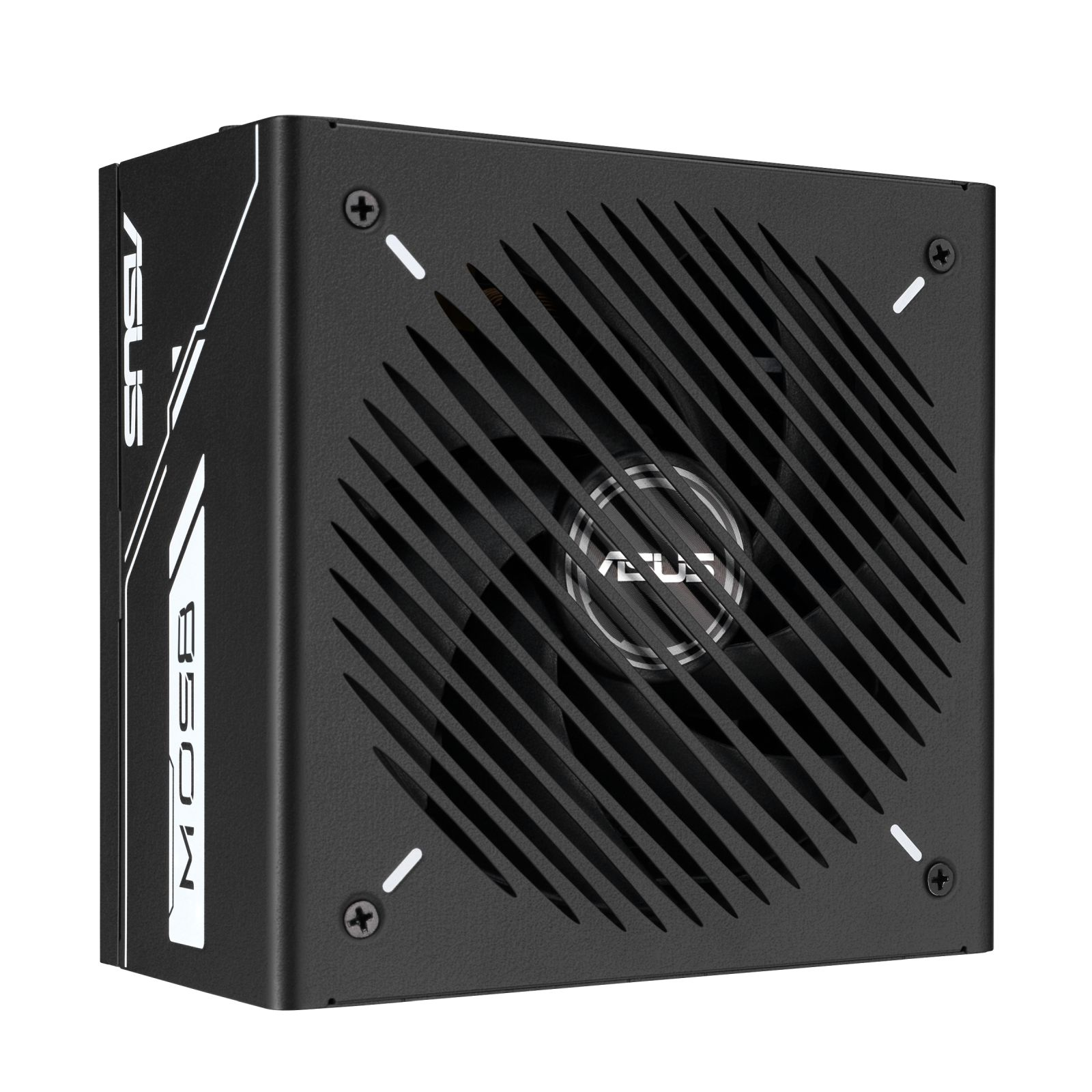 Czarny zasilacz z logo ASUS i 850W. Kratka wentylatora z logo ASUS.
