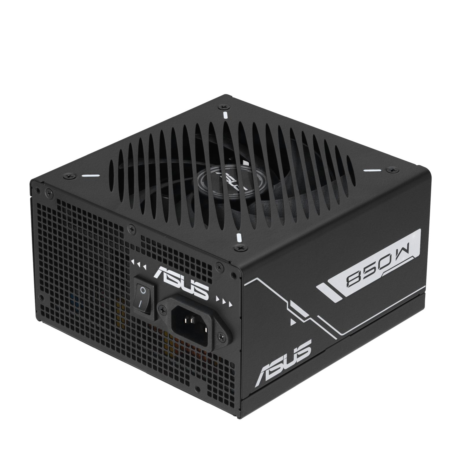 Czarny zasilacz ASUS 850W z wentylatorem na górze i złączami z przodu.