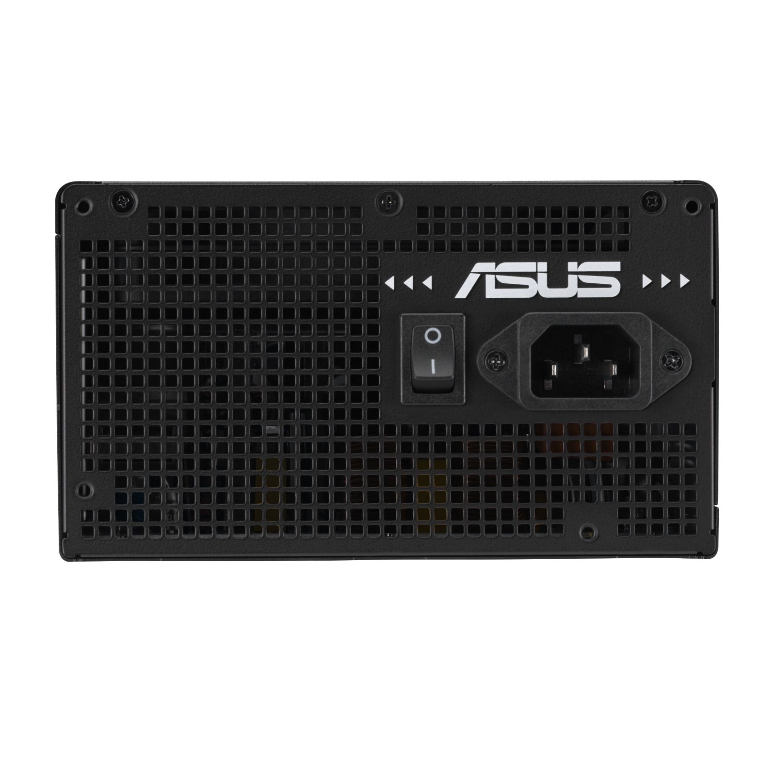 Czarny zasilacz z logo ASUS, przełącznikiem i złączem zasilania.