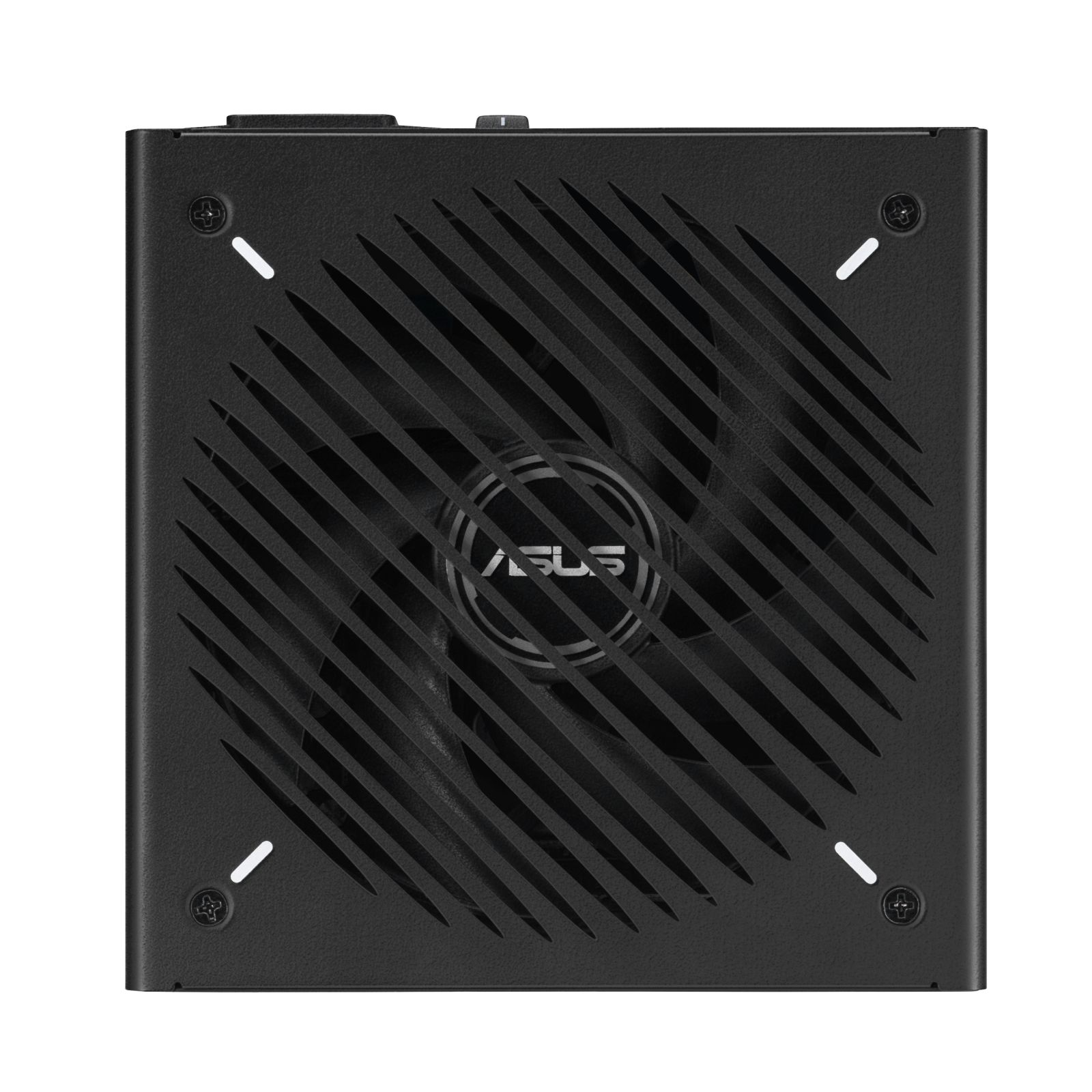 Czarny zasilacz z kratką wentylatora i logo Asus.